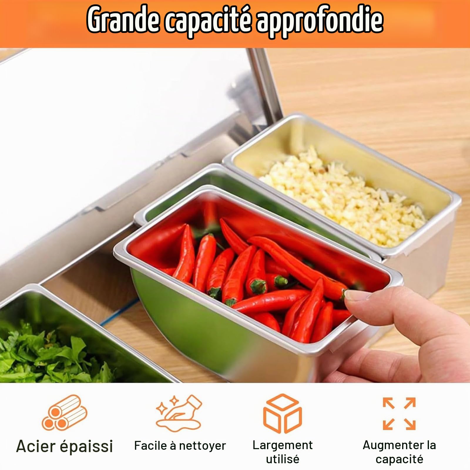 Boite a Epice avec Couvercle, Saladette Réfrigérée à Poser avec 4 Bacs et Couvercles, en Acier Inoxydable pour Fruits, Épices Salades Ingrédients Boissons Bar Cuisine Restaurant Facile à Nettoyer