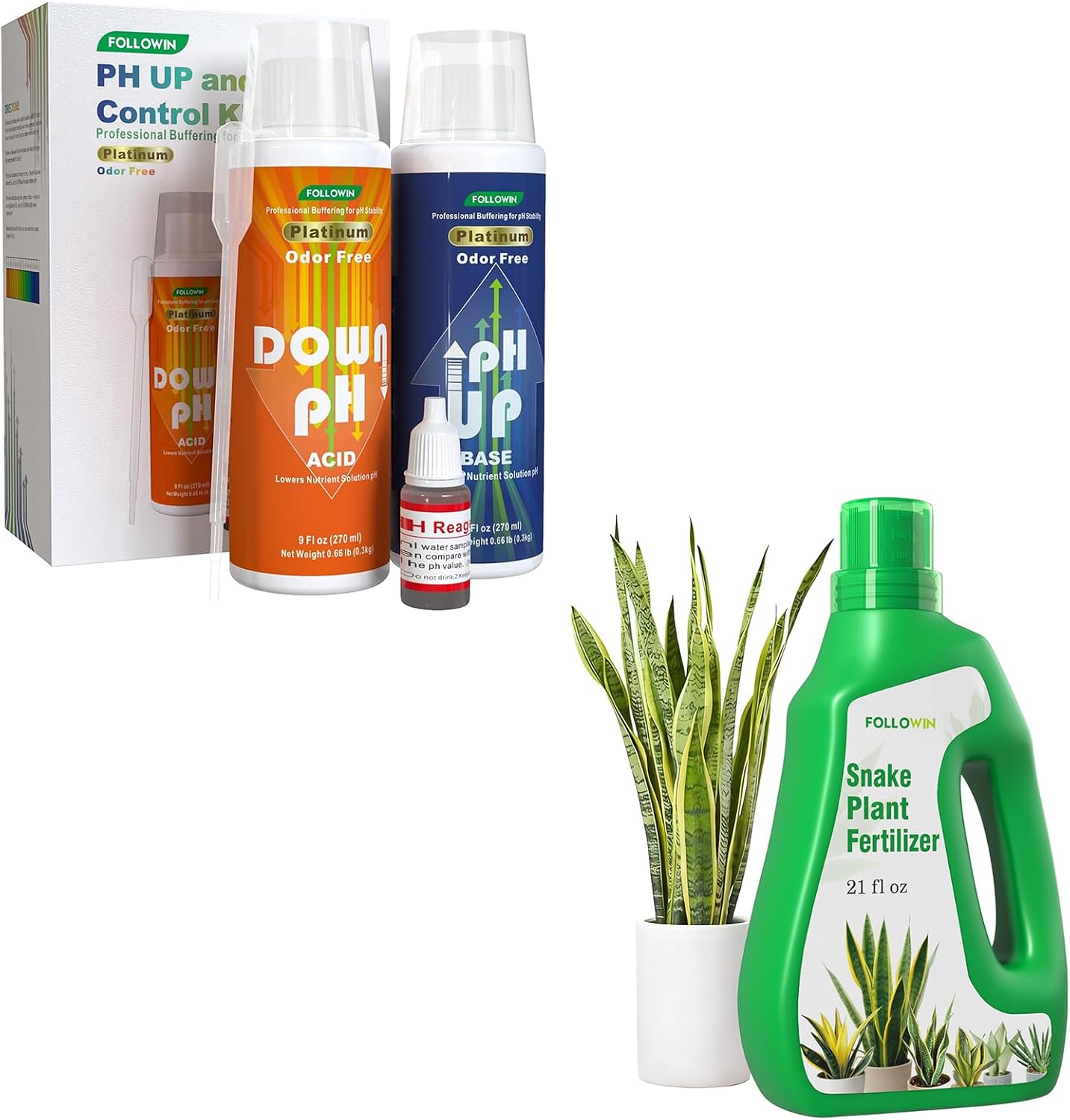 FOLLOWIN pH Up and Down Control Kit, Snake Plant Liquid Fertilizer, 3-1-2 NPK Chelated Plant Food for Sansevieria, 21oz Bottle with Measuring Cap