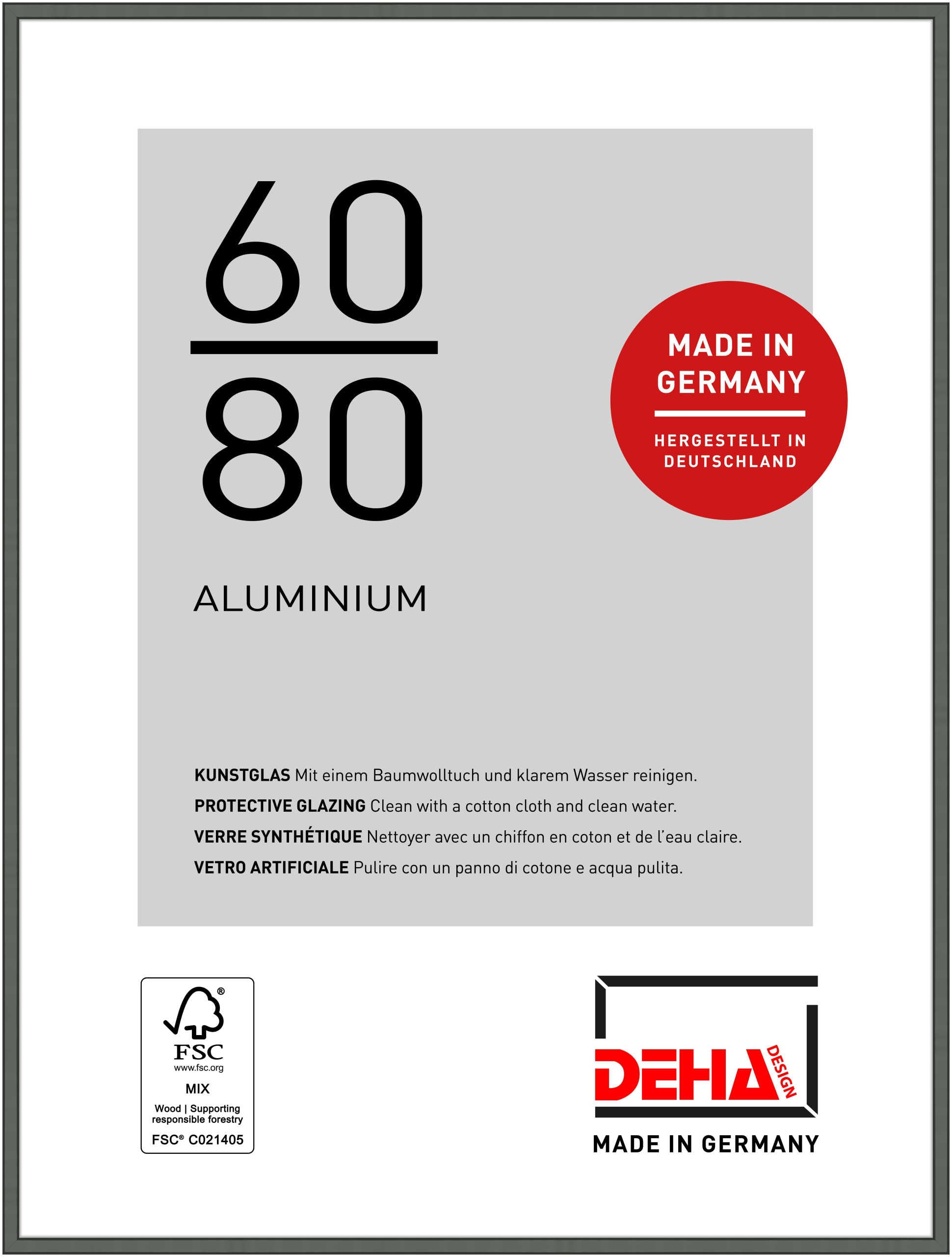 DEHA Design Boston Aluminium Picture Frame - 60x80 cm – Grey - with Synthetic Glass and Push/Turn Clips