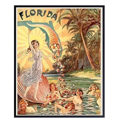 Florida Travel Poster, 8x10 - Vintage Retro Rustic Picture Print for Wall Art Decor, Home, Apartment or Office Decoration, Living Room, Bedroom -
