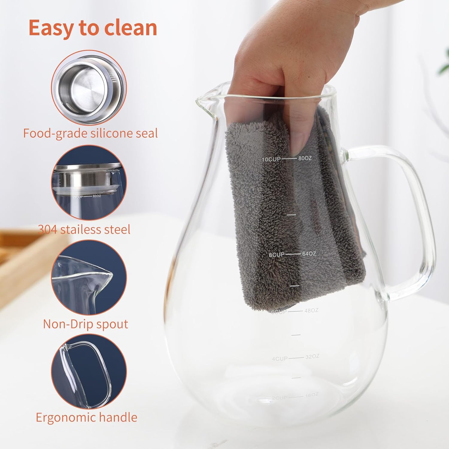 Glass Water Pitcher With Lid and Handle Juice Bottles Easy Clean Heat Resistant Water Carafe For Hot Cold Beverages Fridge Coffee Lemonade Cold Brew Iced Tea & Juice 2.4 Liter 80Oz