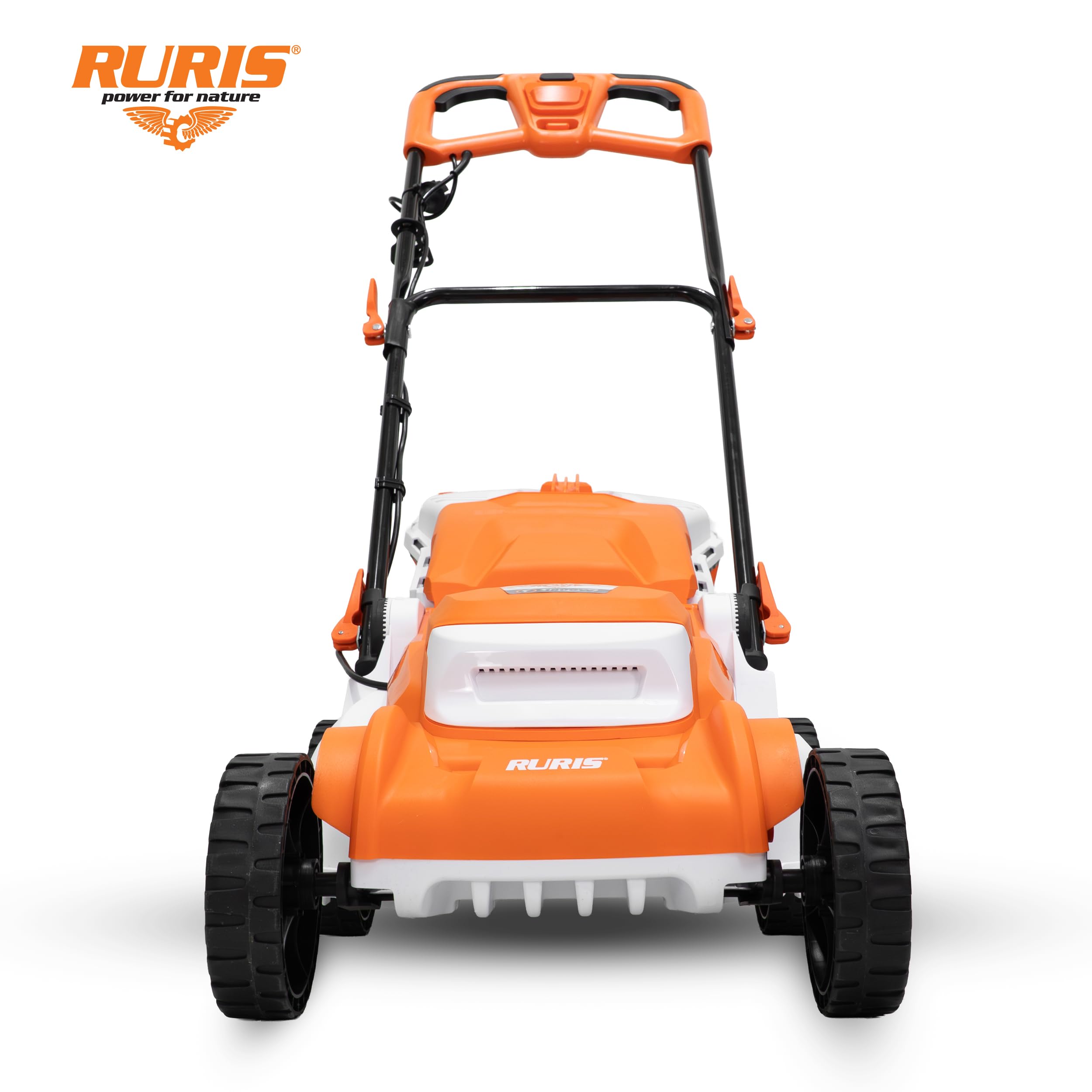 RURIS RXE1800 Confort - Cortacésped eléctrico (1800 W, Ancho 400 mm, 7 Alturas 25-75 mm, 3 Funciones Mulching Bandeja 40 L, Almacenamiento Vertical, asa de Espuma Confort Pro