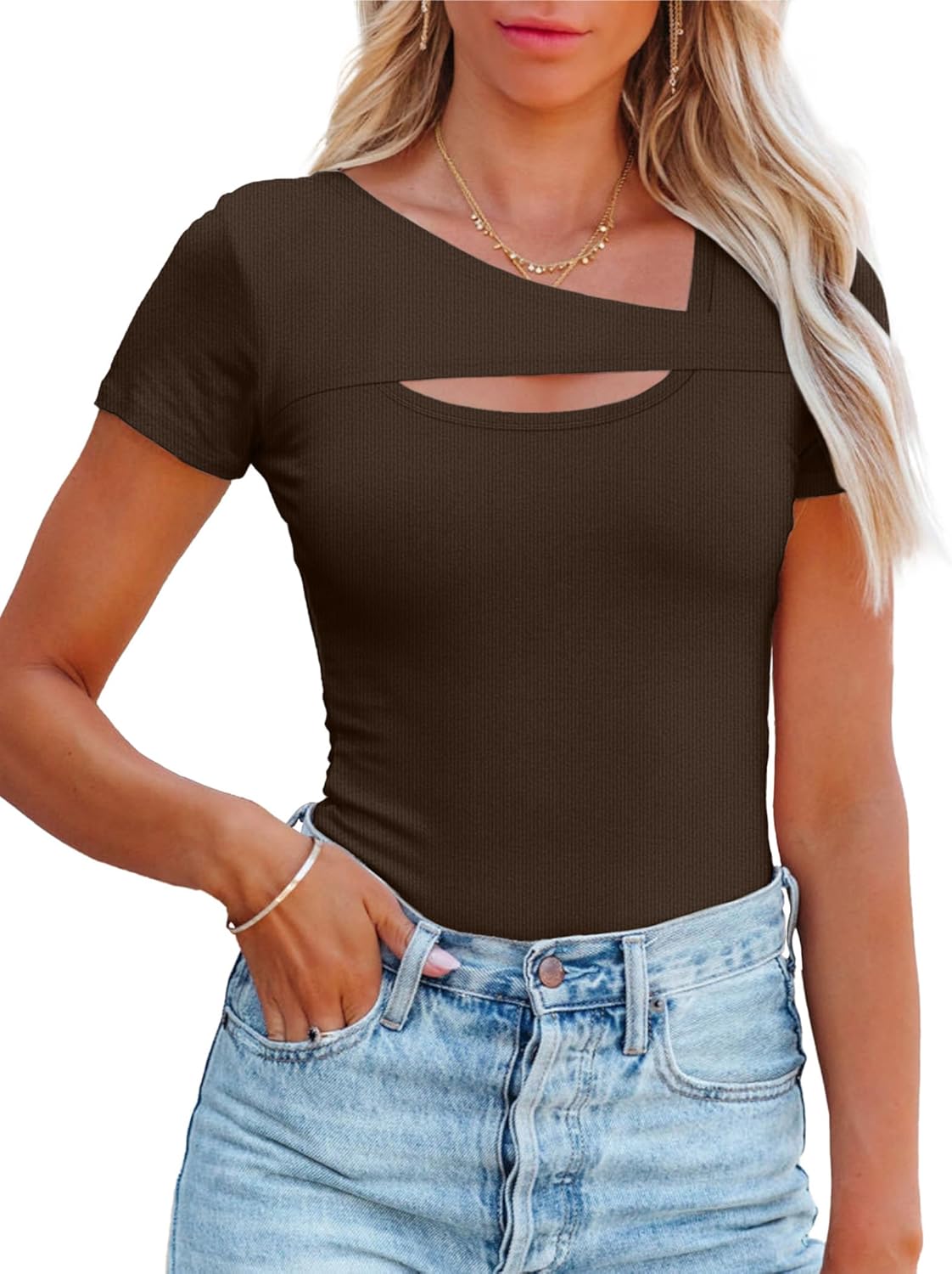 Areecin Women's Fashion Clothes One Piece Cutout Tops Short Sleeve Ribbed Knit Slim Fitted Shirts Tee Tshirts Short Sleeve medium, brown 