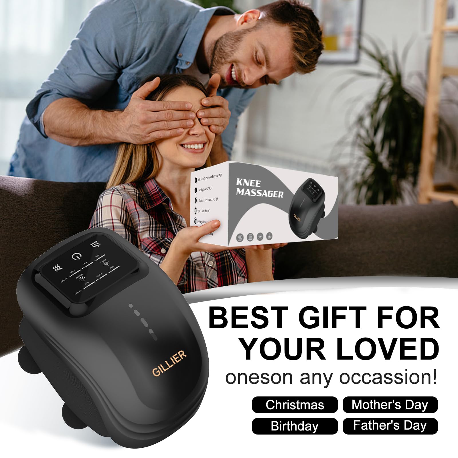 Knee Massager Smart with Heat, Red Light and Massage Therapy, 3 Vibration Modes and 3 Heating Levels, 2025 Updated Edition, LED Vitality Joints Knee Massager, Gifts for Grandma & Grandpa, Black