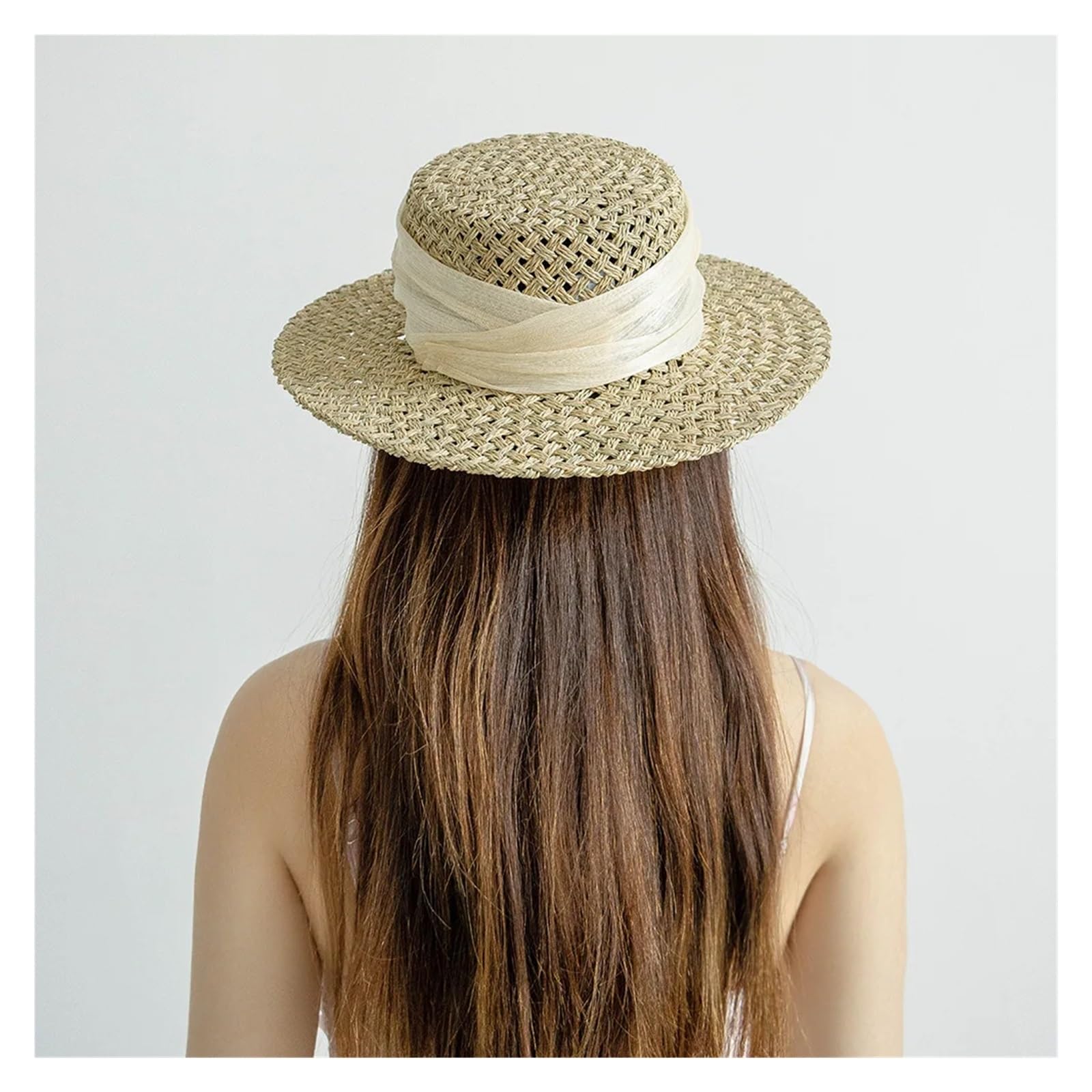 Sommer-Sonnenhut aus Stroh Damen Sommer Sonnenhut Naturstroh Flat Top Caps Elegante Bootshut Handgefertigt Sonnenschutz Strand Outdoor Für die Reise