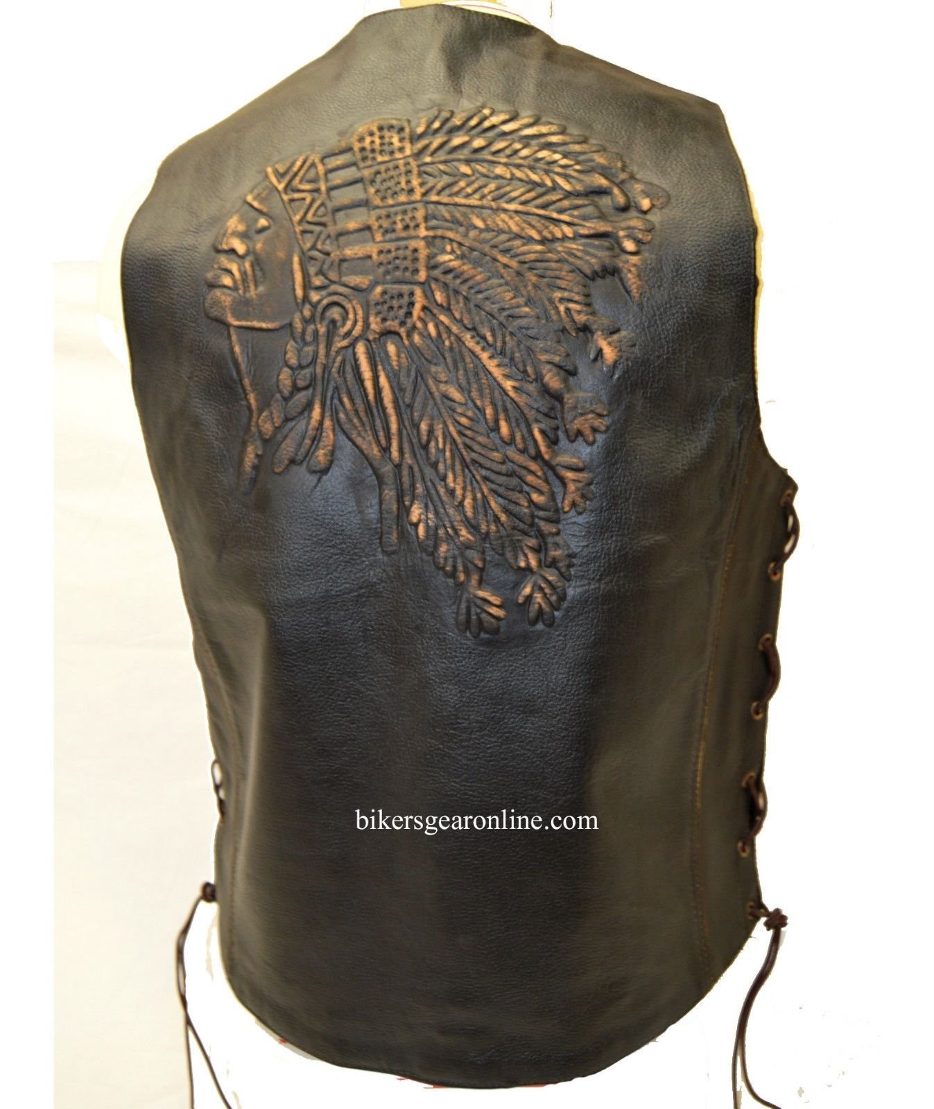 Men's Motorcycle Bikers Retro Brown Leather Vest Native American Back Side Laces (54 Regular)
