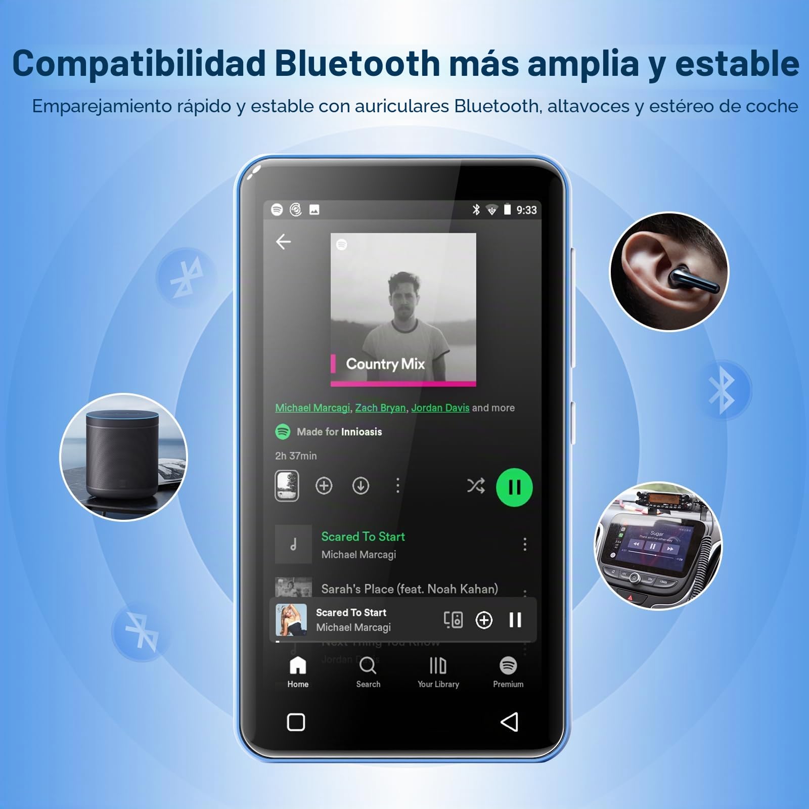 Innioasis 80 GB Reproductor MP3 con Bluetooth y WiFi, Reproductor de música Mp3 y Mp4 ave Spotify, Kids, Tidal, Deezer, Reproductor de vídeo con pantalla táctil de 4 pulgadas, 1080 P(blanco y azul)