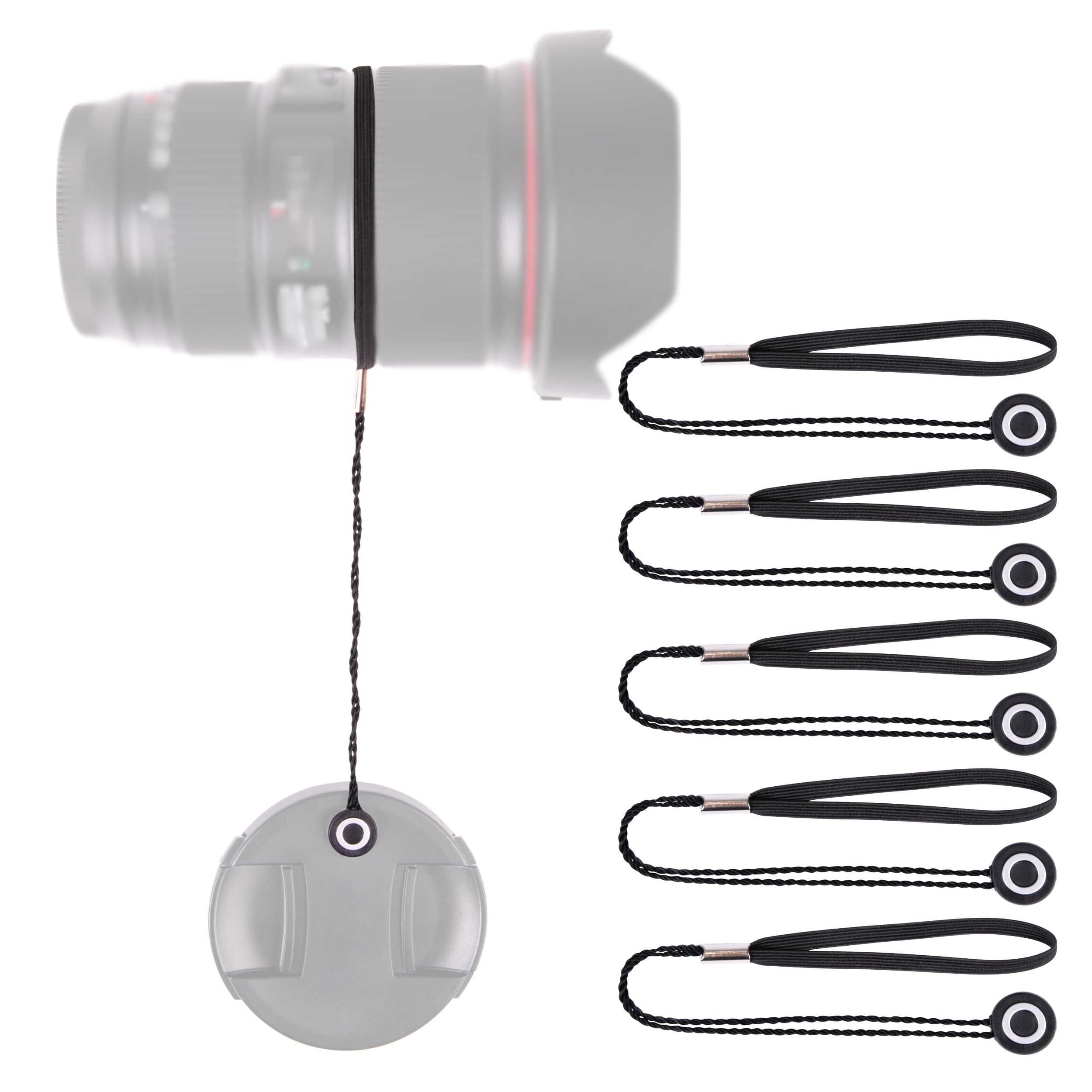 LENS-AID uchwyt dekielka obiektywu ze sznurkiem - zestaw 5 szt. | 5 uchwytów ze sznurkiem 13 cm, krążkiem klejącym i gumką, do dekielków obiektywu i Lens Cap