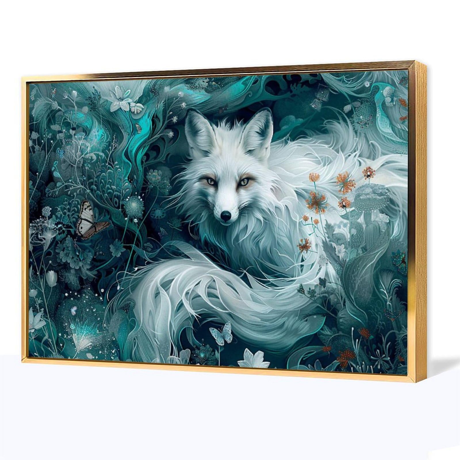 Amazon.co.jp: 絵画 花の中の白いキツネインテリア 絵画 超リアルな