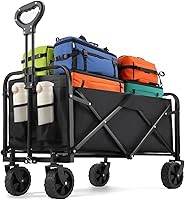 PASAMIC Collapsible Wagon 220 lbs - Heavy Duty Foldable Utility Cart with All-Terrain Wheels & Drink Holders for Groceries, Beach, Camping