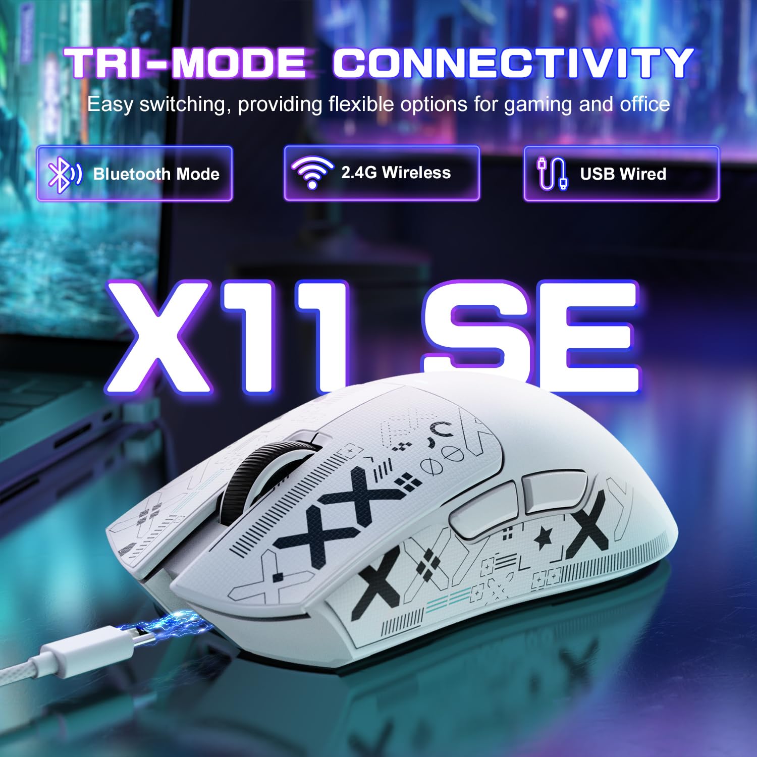 MAMBASNAKE X Attack Shark X11SE Ratón inalámbrico para Juegos,22000 dpi,Sensor PixArt PAW3311,BT/2,4G/Cable,Peso Ligero de 59g con Cinta,clics 2000W,aceleración 40G,Larga batería,para Win/Mac-Blanco