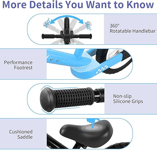 Miniatura 7 de BELEEV Bicicleta de equilibrio C2 para niños de 2 a 5 años con ruedas iluminadas LED, asiento ajustable, manillar y reposapiés, bicicleta de