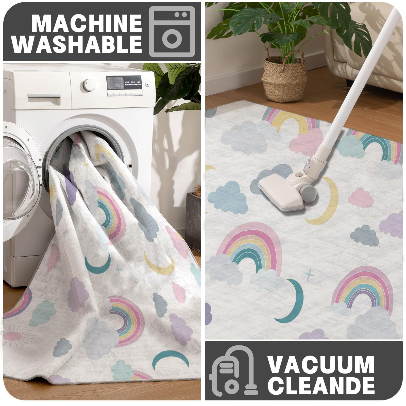Tapis Rond 150cm Lavable en Machine - Style Dessin Animé Doux Confortable Antidérapant Nuages Lune Étoiles Imprimé Rose Tapis, pour Chambrel Mangerded Nurserie Decoration