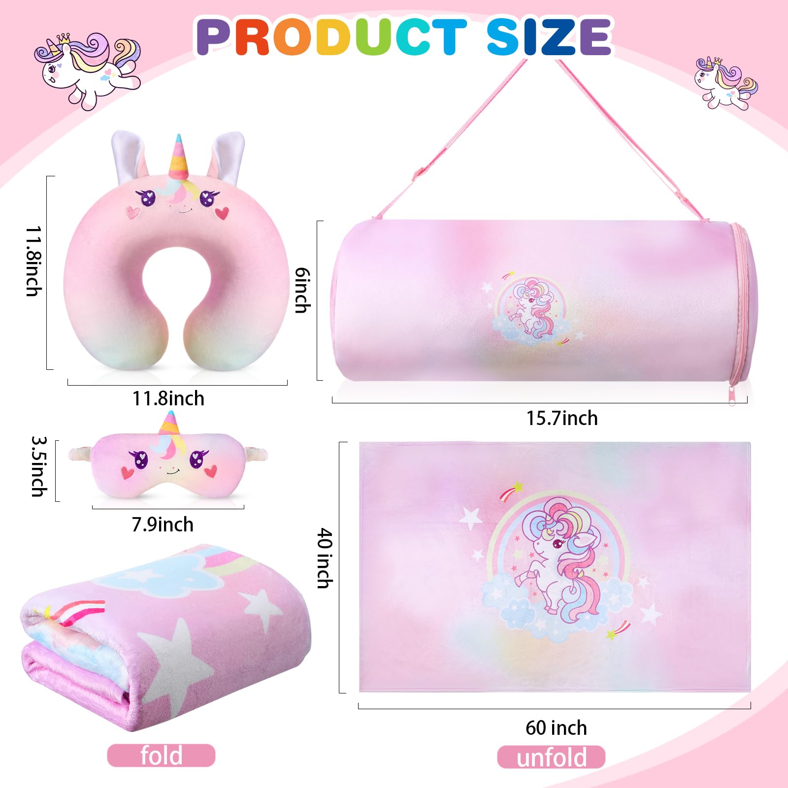 Gulfmew 4 Pcs Unicorn Travel Pillow and Blanket Set for Kids Unicorn Airplane Blanket Memory Foam Neck Pillow Eye Mask Pink Storage Bag Kids Travel Essential Gifts for Girl Airplane Car Trip Home Use