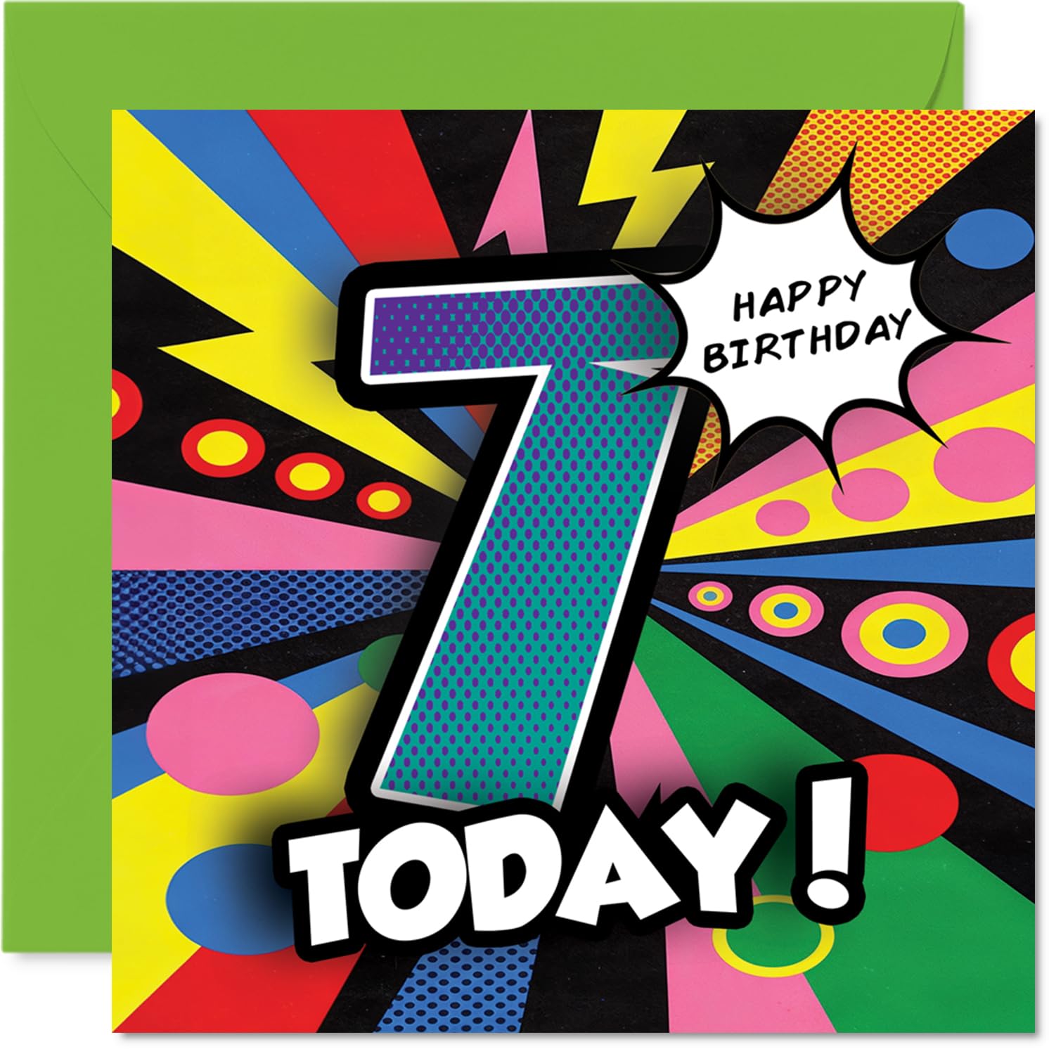 Celebratory 7th Birthday Card - Bursting with Birthday Energy - Comic-style Number 7 in Bright, Dynamic Colours - 145mm Square, Envelope Included