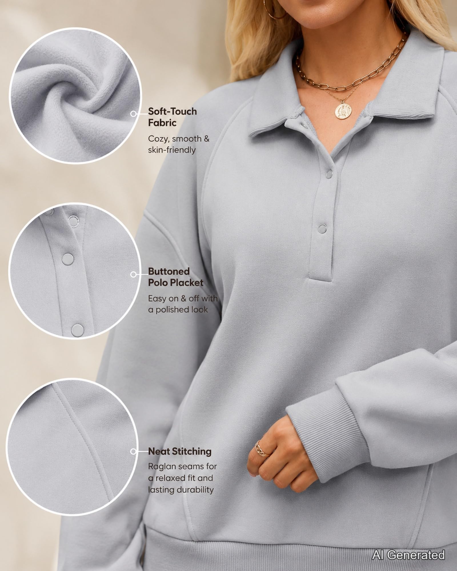 Sudadera de forro polar de manga larga con cuello de botón para mujer