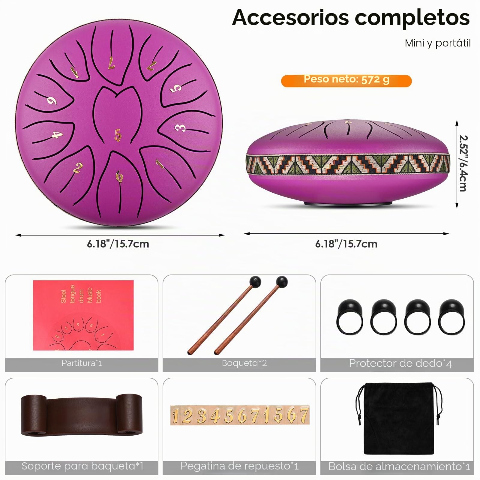Tongue Drum 6 pulgadas 11 Nota Tambu, Tambor de Lengua de Acero, Instrumento de Percusión, handpan de Acero para Educación Musical, Meditación, Yoga, Mejor Regalo para Niños y Adultos Principiantes.