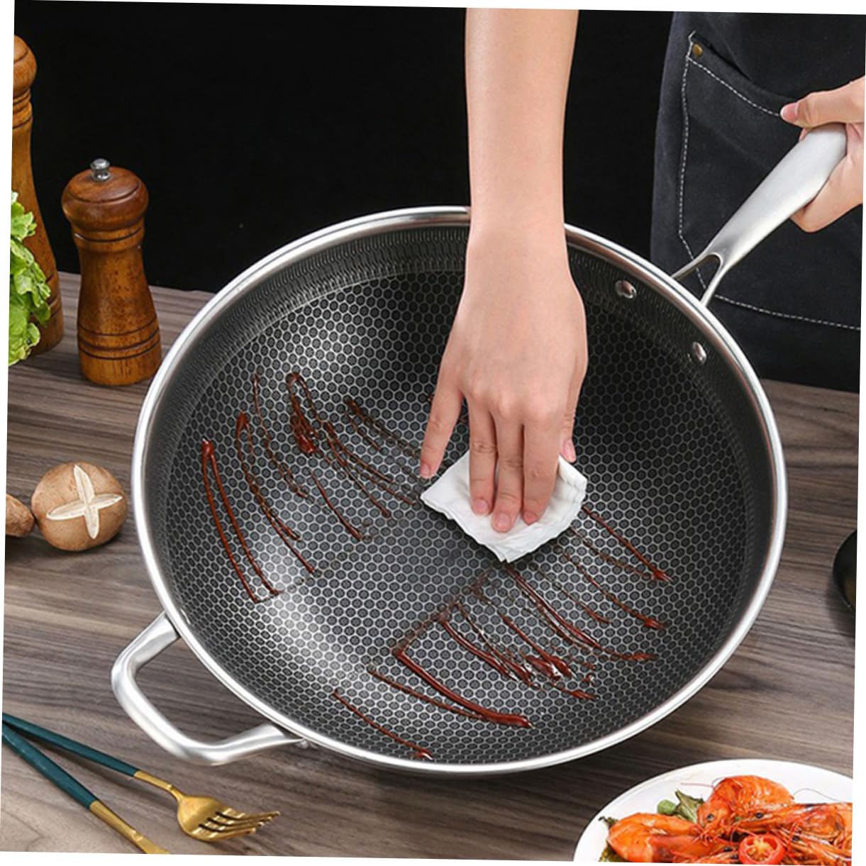 Ciieeo Padella wok a nido d'ape in acciaio inox a doppia maniglia con fondo piatto per a gas e induzione accessorio da cucina pentola antiaderente