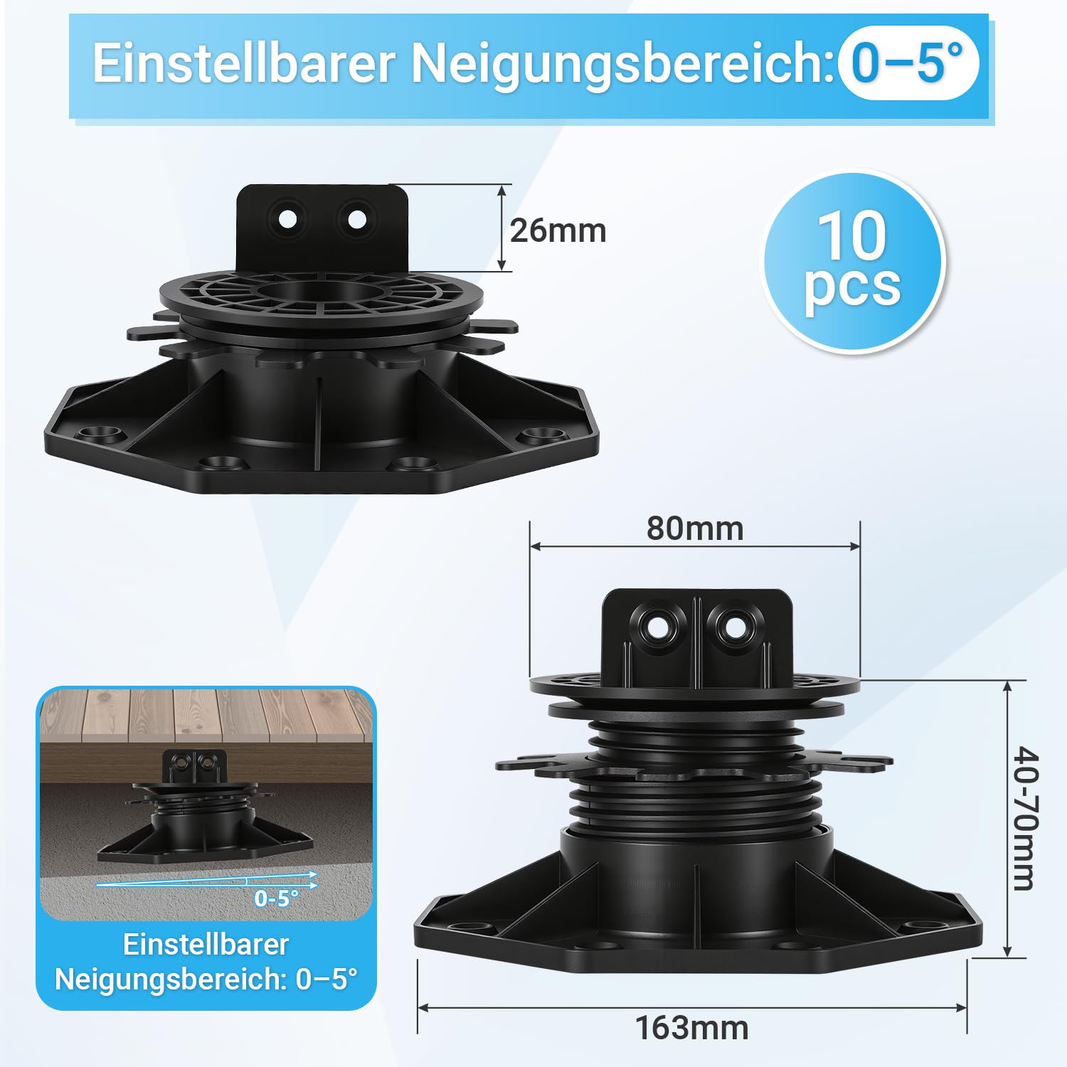 100x Stelzlager Höhenverstellbar 40-70mm Terrassenlager | Polypropylen, Gefälleausgleich 5°, Stelzlager für Terrassenplatten, WPC, Holz, Tragfähigkeit Stark, Plattenlager