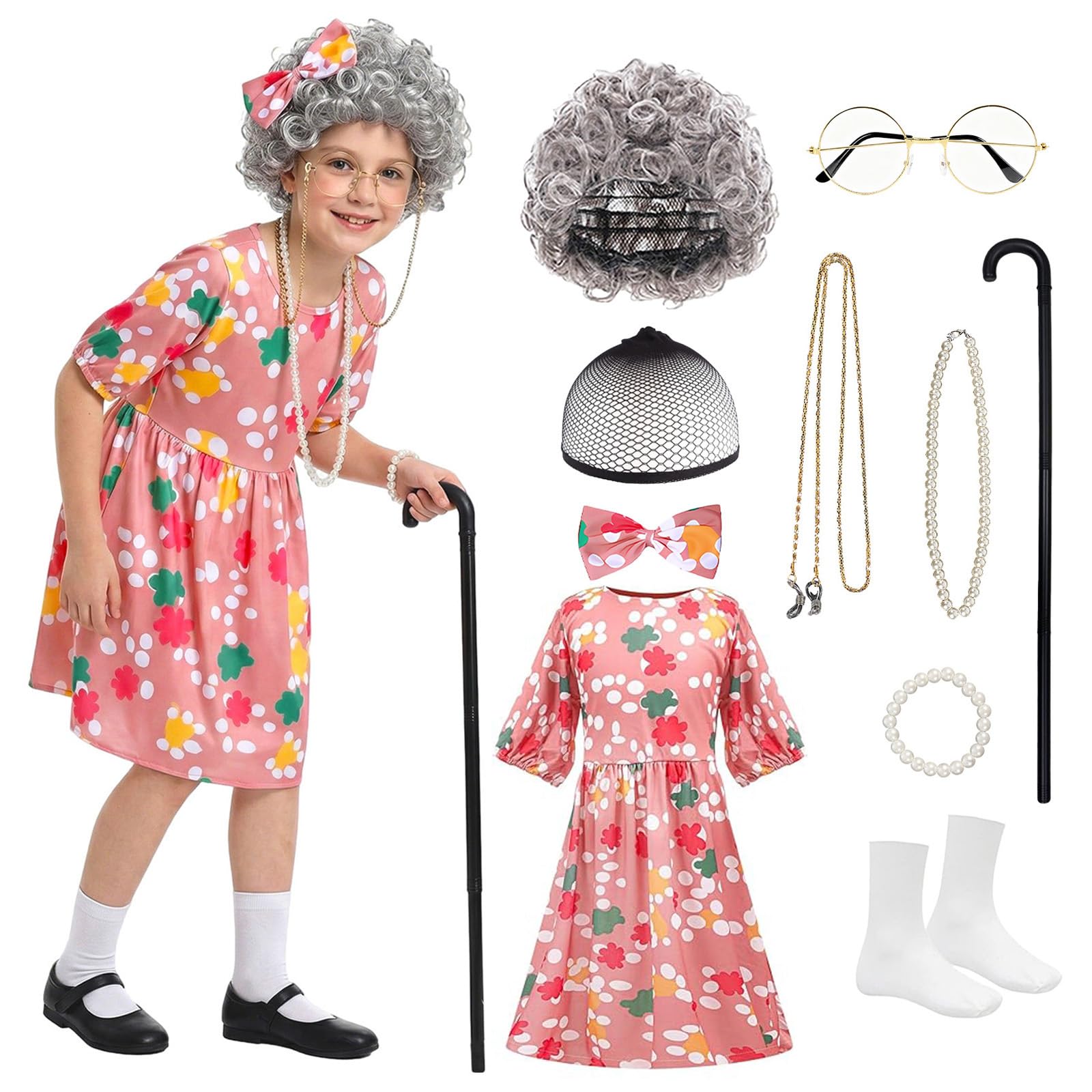JoyFuncos Granny Costume Kids, Old Lady Fancy Dress Outfit Grandma Wig Dress Glasses Necklace Girls Funny Cosplay for Halloween World Book Day 100 Days of School (110)