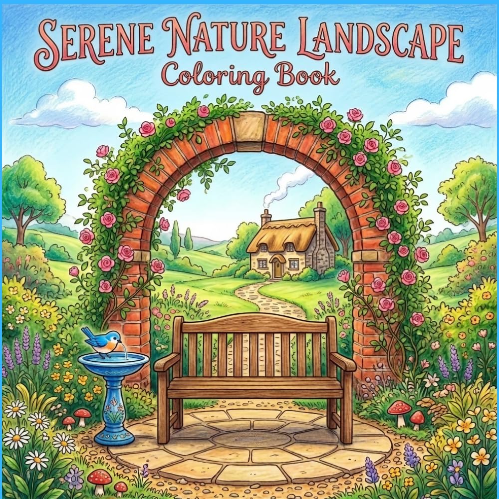 Serene Nature Landscapes Coloring Book: Relaxing Mountain Roads, Waterfalls, Rivers & Scenic Views for Stress Relief and Mindful Coloring