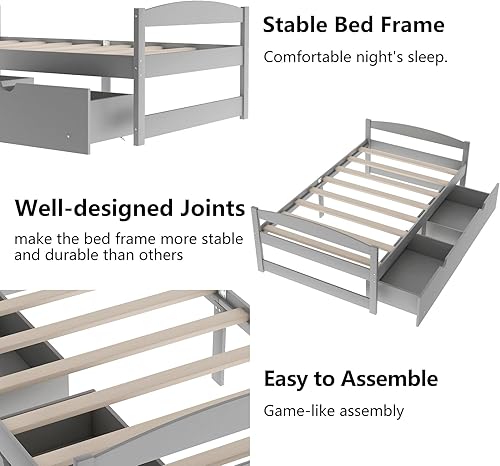 Miniatura 10 de Marco de cama de plataforma de madera de tamaño individual con 2 cajones de almacenamiento, cama moderna y simple con cabeceroestribo, soporte de