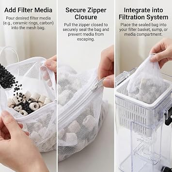 10PCS Aquarium Filter Media Bags with Drawstring Zipper, Reusable Fine Mesh Bags for Activated Carbon, Bio Balls, Ceramic Rings, Substrate, Fish Tank Filter Accessories