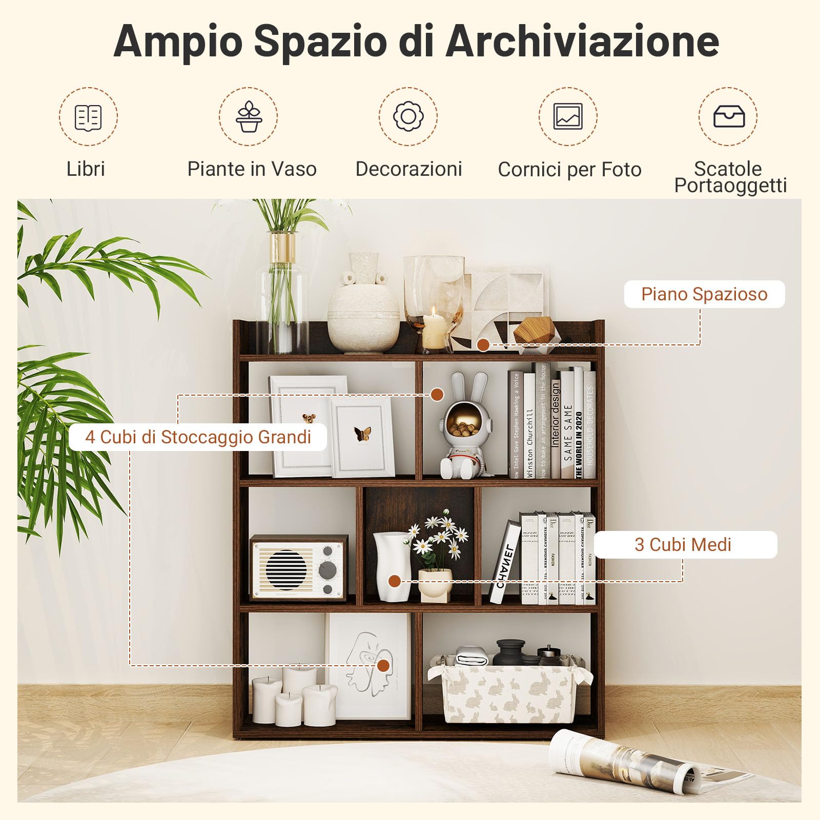 COSTWAY Libreria a Cubi con 7 Scomparti, Mensola Espositiva per l'Archiviazione, Libreria in Legno con Dispositivi Anti-Ribaltamento, per Studio Soggiorno, 80x20x90 cm (Caffè)