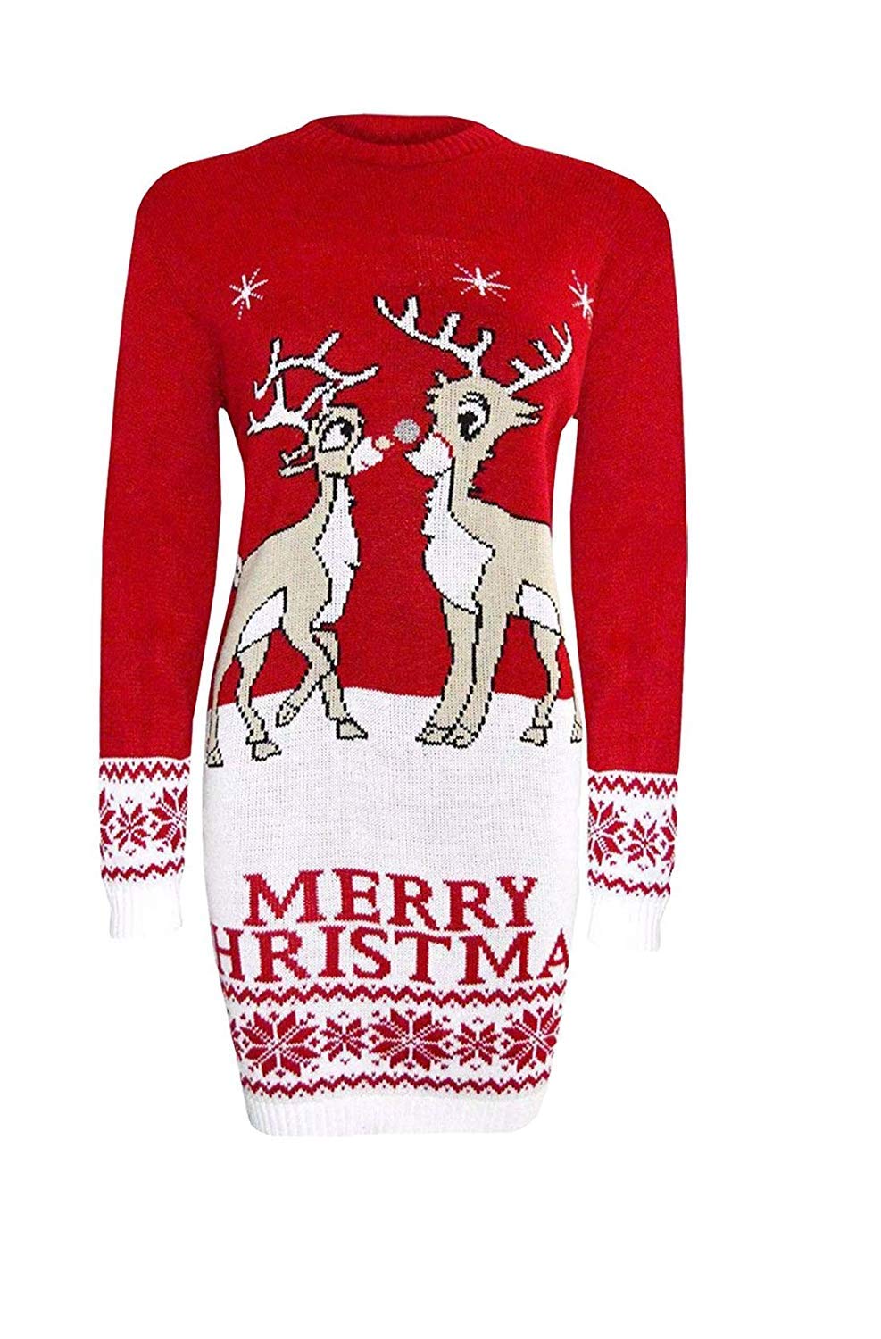 GirlzWalk ® Women Two Reindeer Merry Christmas Knitted Sweater Ladies Novelty Xmas Party Midi Tunic Jumper Dress (Red, SM/UK 8-10)