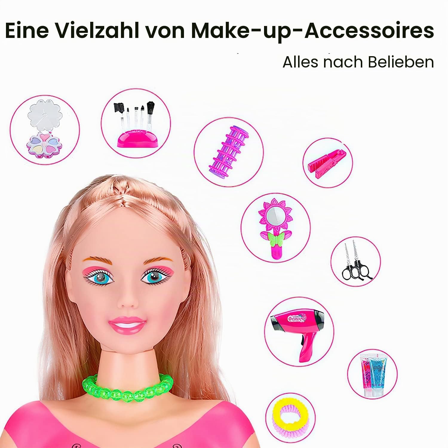 Frisierkopf, 35 Stück Kopf zum Frisieren und Schminken, Spielzeug für Mädchen für 1 9 Jahre, Puppe Styling Head Hairdressing (Rosa), Tete a coiffer