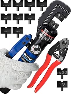 AMZCNC 10-Ton Hydraulic Crimping Tool with: 9 Standard US Dies for 12 AWG to 2/0 AWG, 2 Wire Rope Dies for 1/8" and 5/32",Hydraulic Hand Crimper Tool, 5/32" Stainless Steel Cable Cutter