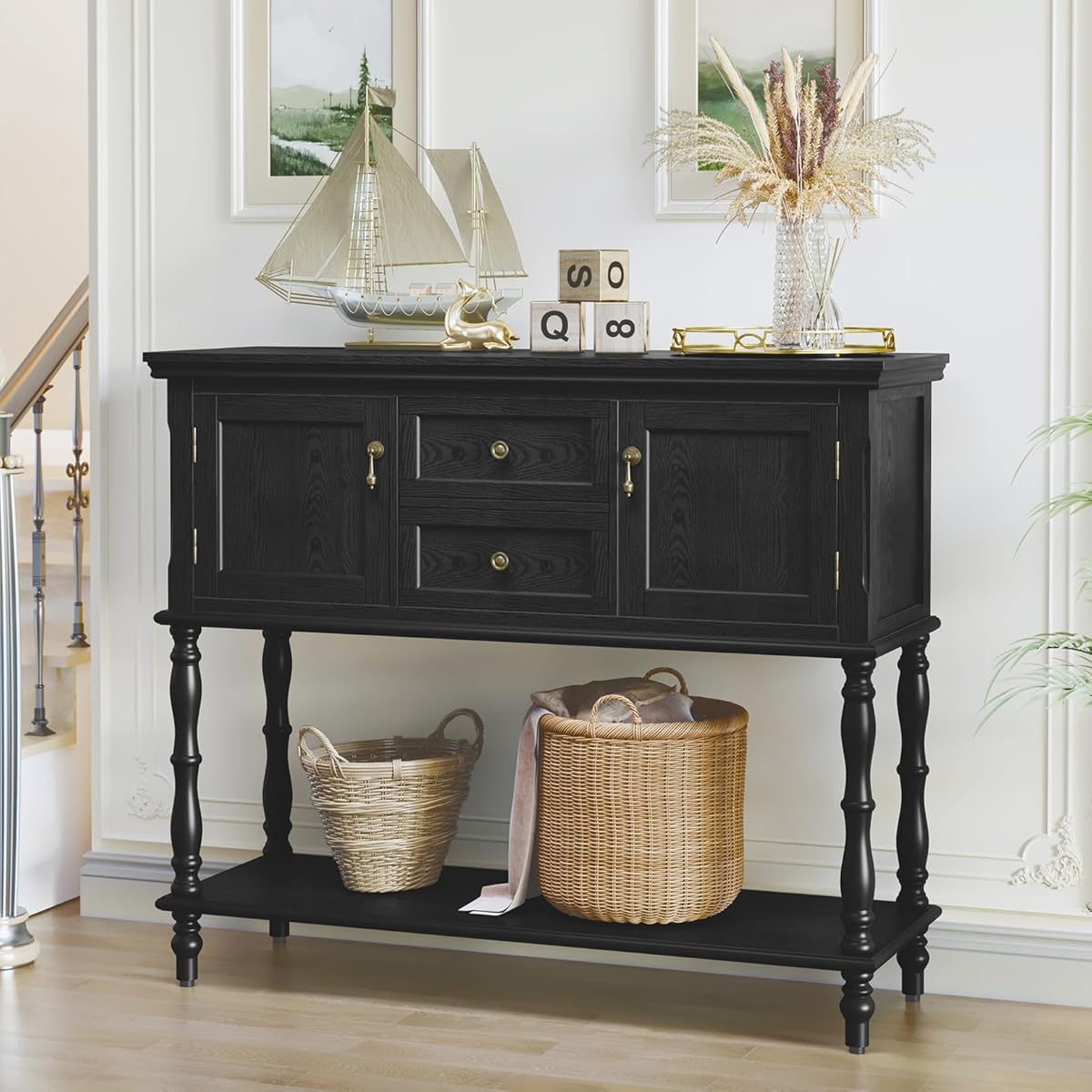 Console Table with Drawers and Storage Cabinets, Black Entryway Table Wooden Narrow Console & Sofa Tables for Hallway, Living Room, Bedroom