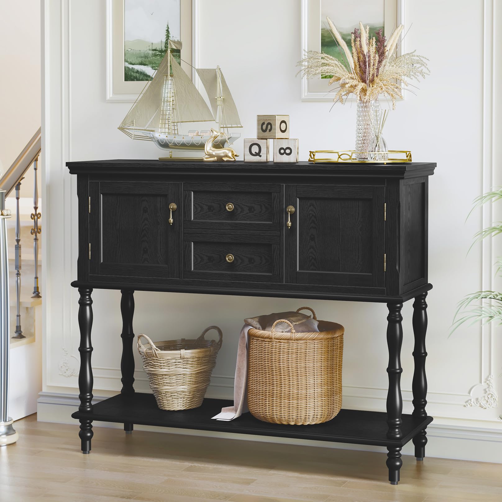 HOLTICO Console Table with Drawers and Storage Cabinets, Black Entryway Table Wooden Narrow Console & Sofa Tables for Hallway, Living Room, Bedroom — image 1