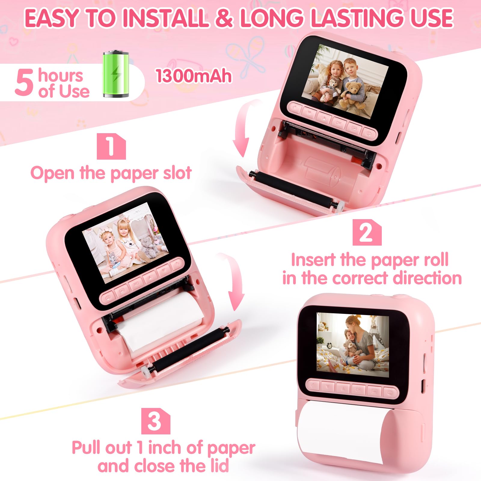 Macchina Fotografica Bambini Istantanea,2,4" Fotocamera Istantanea,1080P HD Fotocamera Digitale con 32 GB Scheda,6 Rotoli di Carta da Stampa e Penne Colorate,Regalo per Ragazze Ragazzi da 3-12