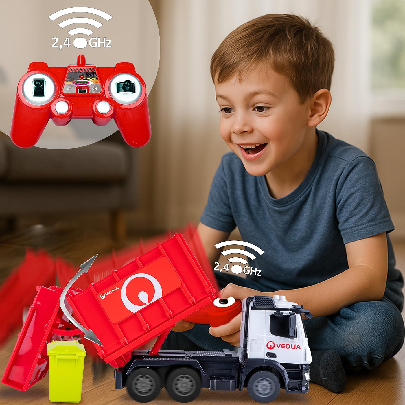 JAMARA 408305 Autocarro della Spazzatura Mercedes-Benz Antos 1:26 2,4 GHz – Giocattolo Camion della Spazzatura dai 6 Anni in su, per Bambini radiocomandato, RC Toys, Regalo per Bambini, bidone della
