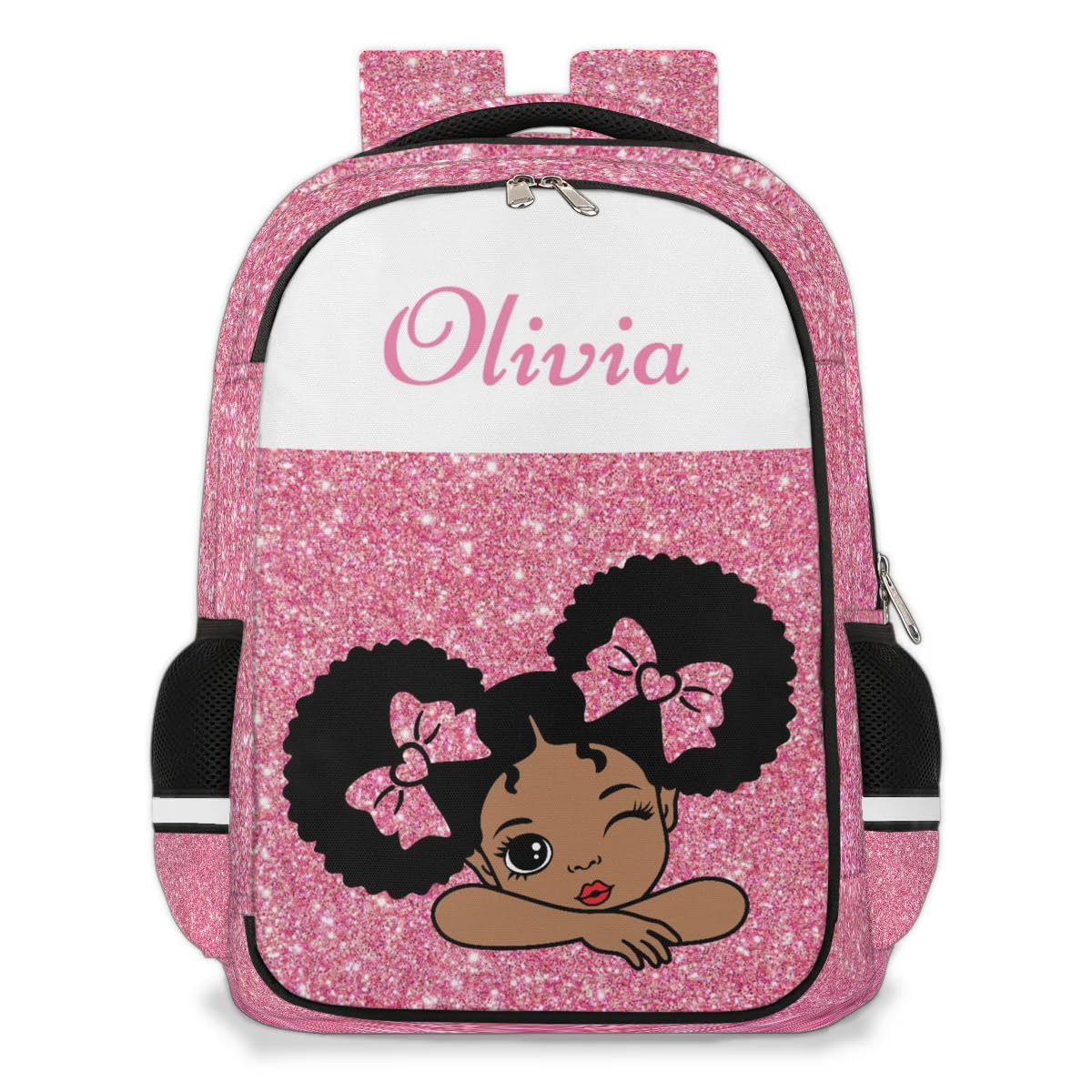 OMFUNS African Girl Personalized Kids Backpack for Boys Girls, Pink Glitter Print Custom Backpack Travel School Bag Bookbag Lightweight Daypack