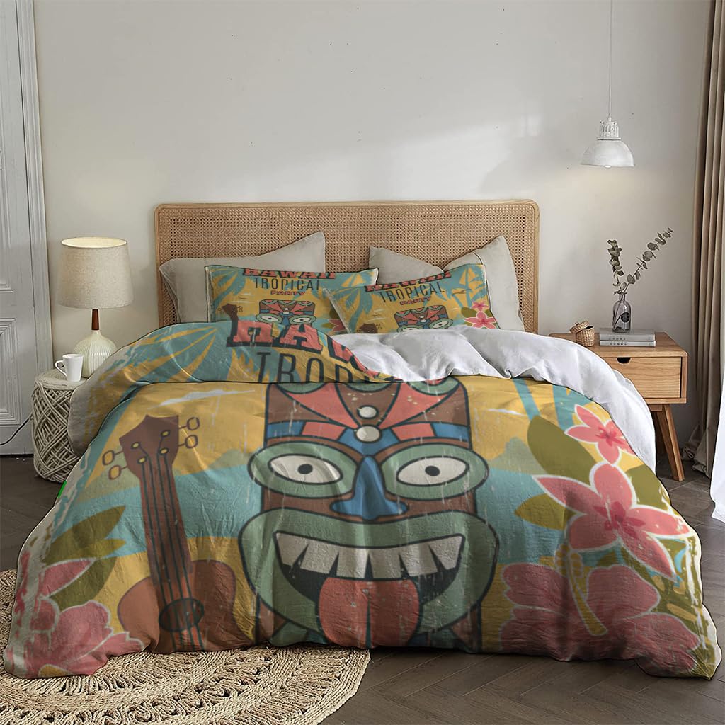 NIBAINLO 布団カバーハワイの夏の部族のマスク 肌に優しい ピーチスキン加工 掛け布団カバー 和式 洋式 あったか 布団カバーセット リバーシブル ホームステイ ホテル 家庭兼用