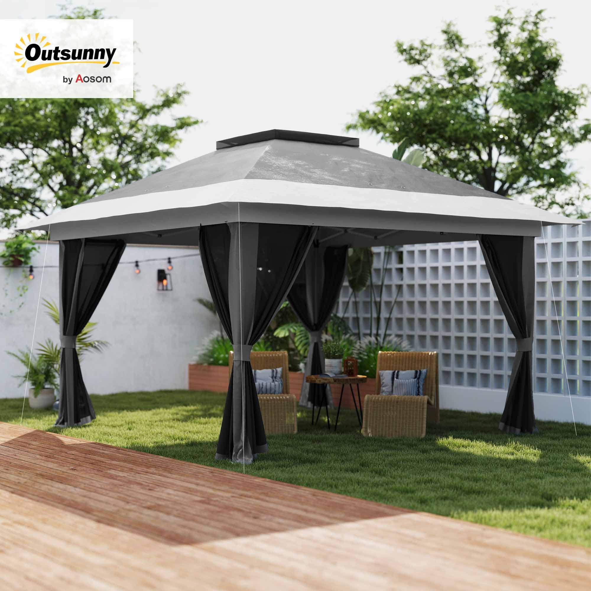 Outsunny Carpa Plegable Gazebo, 3,6x3,6 m, Cenador Plegable con 4 Paredes Laterales de Malla, Anti-UV, Altura Ajustable, Bolsa de Arena y Bolsa de Transporte, para Camping, Fiestas, Gris Oscuro