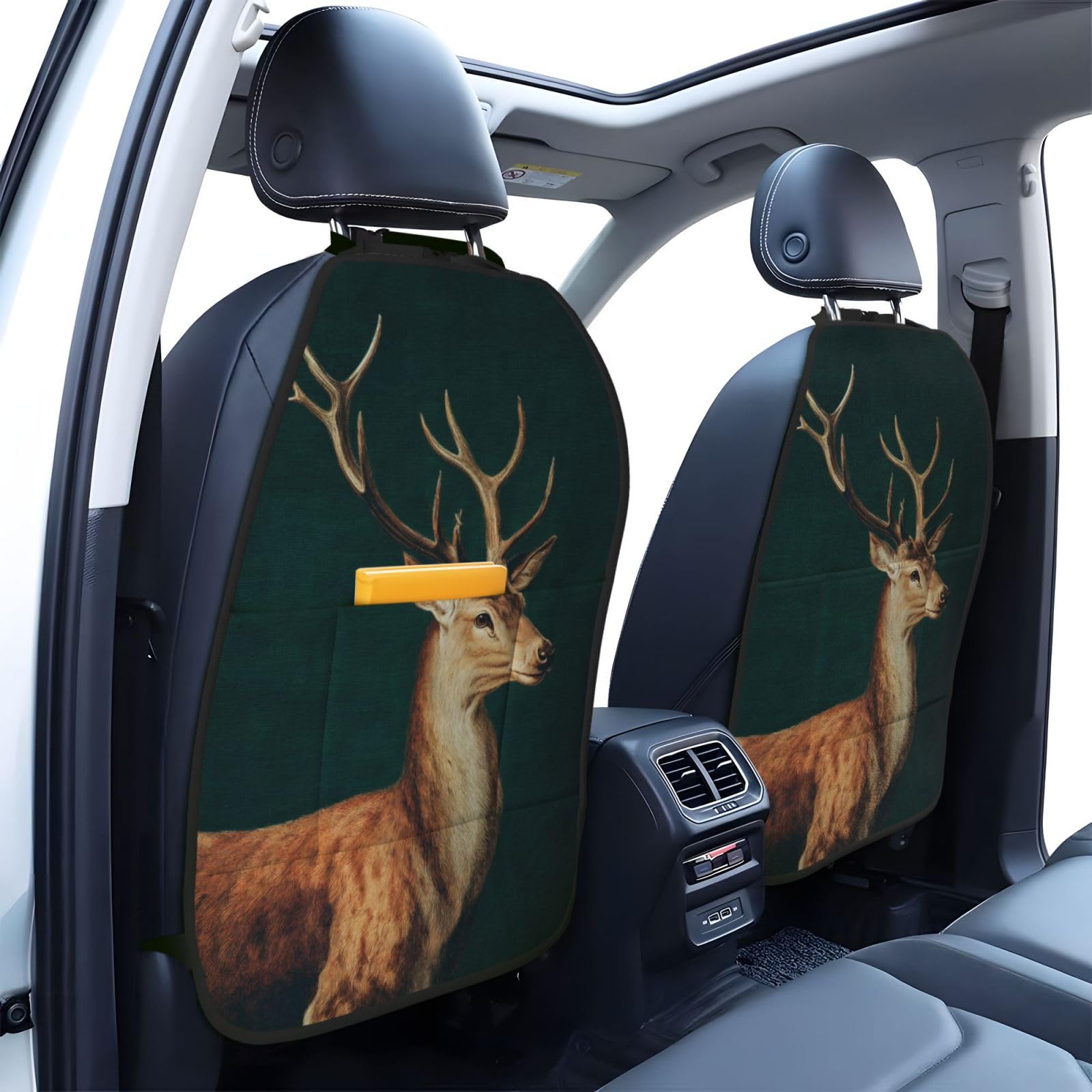 Vintage Deer Standing Dark Green Car Seat Back Kick Protectors,2 Pack Kick Mats with Storage Pockets for Vehicles to Protect from Dirt Mud Scratches