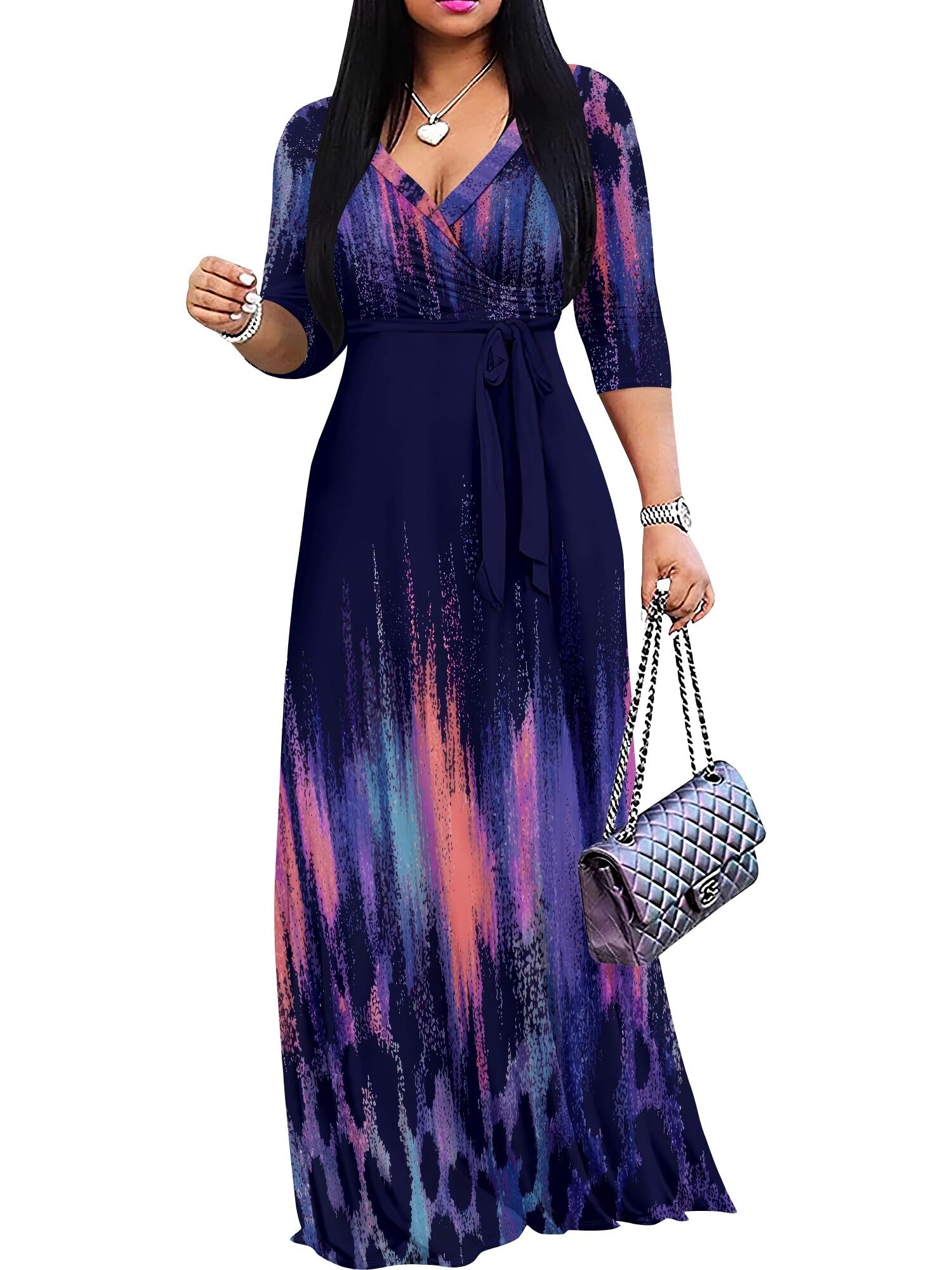 PinkPatty Women's Plus Size V Neck Long Sleeve Wrap Maxi Dress with Belt | Flowy belted maxi dress for travel, vacations, weddings, dinners, church, parties, and everyday elegant wear