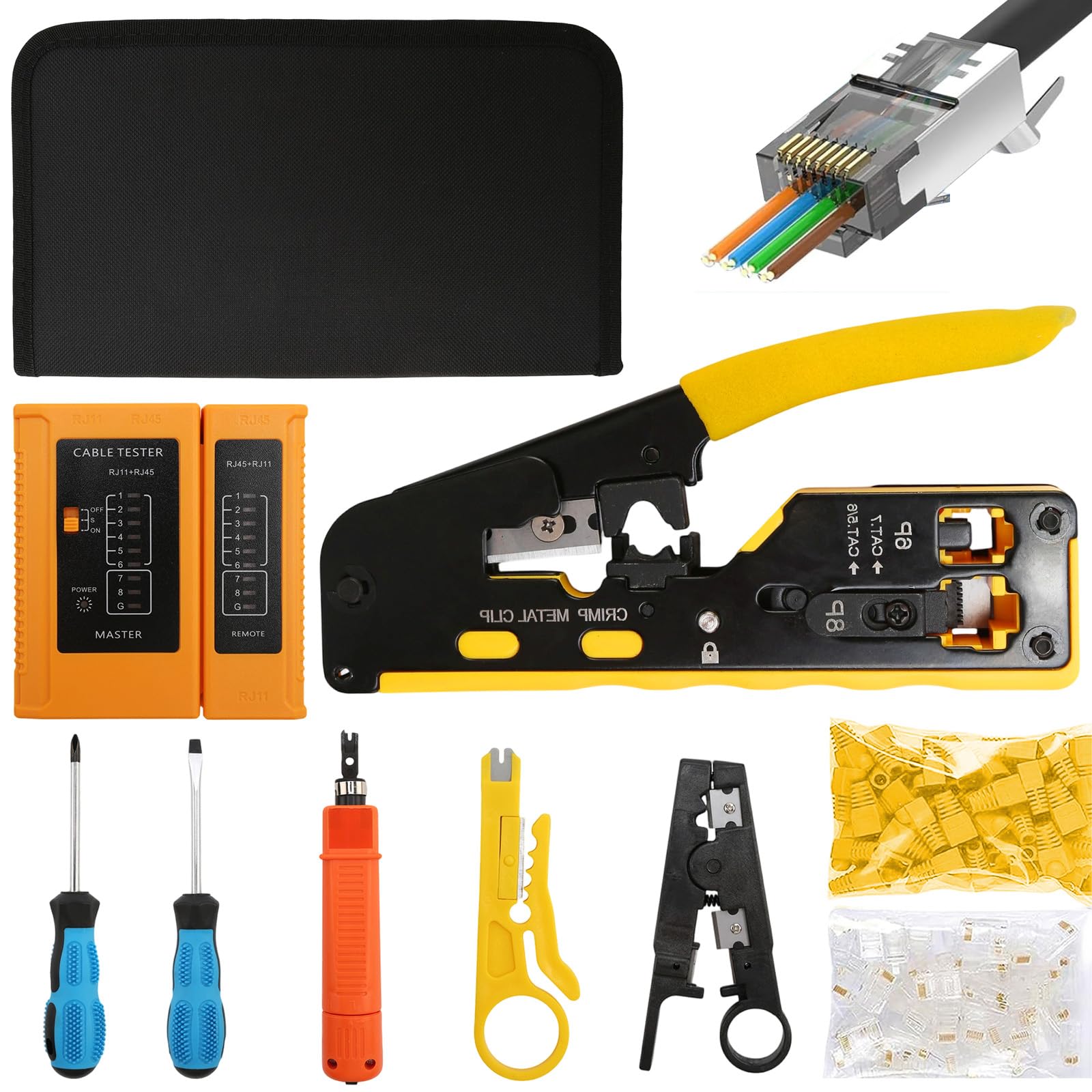 Kit di attrezzi di rete, pinza crimpatrice RJ45 con tester di rete, pinza spellafili, strumento punch down, cacciaviti, kit di riparazione di rete professionale RJ45 con custodia per il trasporto