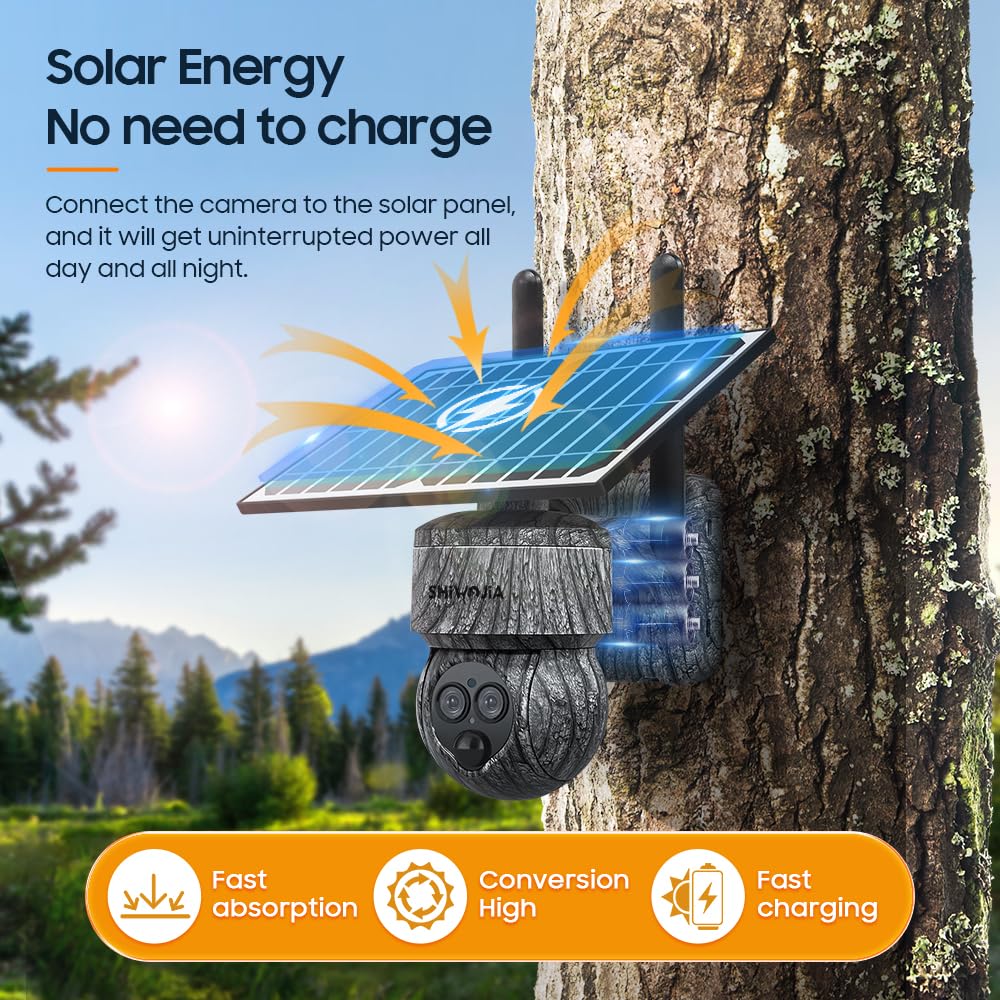 SHIWOJIA 12X Zoom Camara Vigilancia 4G Exterior Solar con Tarjeta SIM, 2K 360° PTZ 4G Inalámbrico Cámara con Visión Nocturna, Detección de Movimiento, Audio Bidireccional, IP66 Impermeable