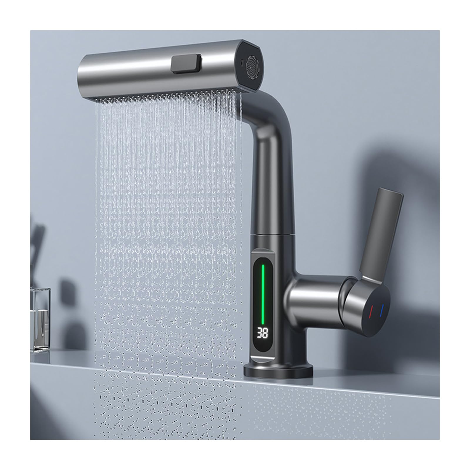 SOHNVWTGD Modern LED Temperature Display Bathroom Faucet with Liftable Waterfall Design Gray