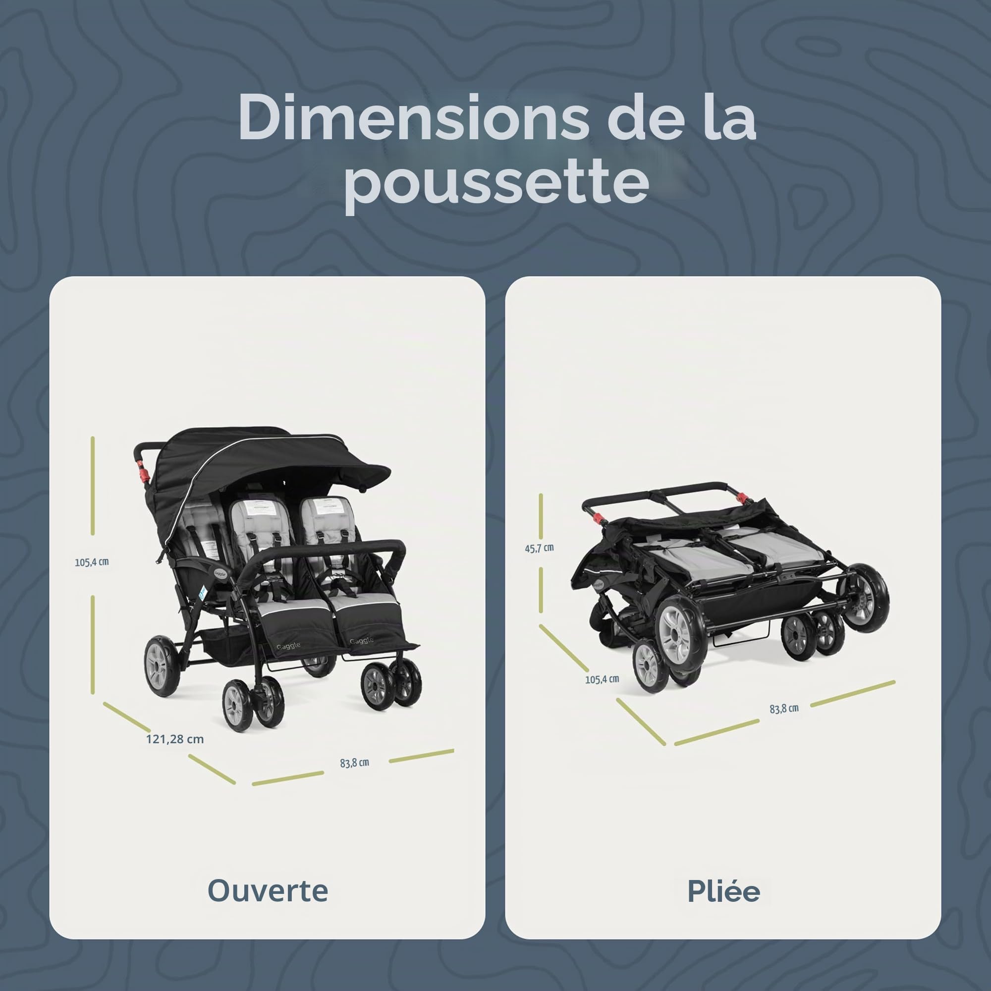 Gaggle Poussette Compass Quad 4 places, poussette 4 places pour garderie, pare-soleil anti-UV, harnais 5 points, bleu sarcelle