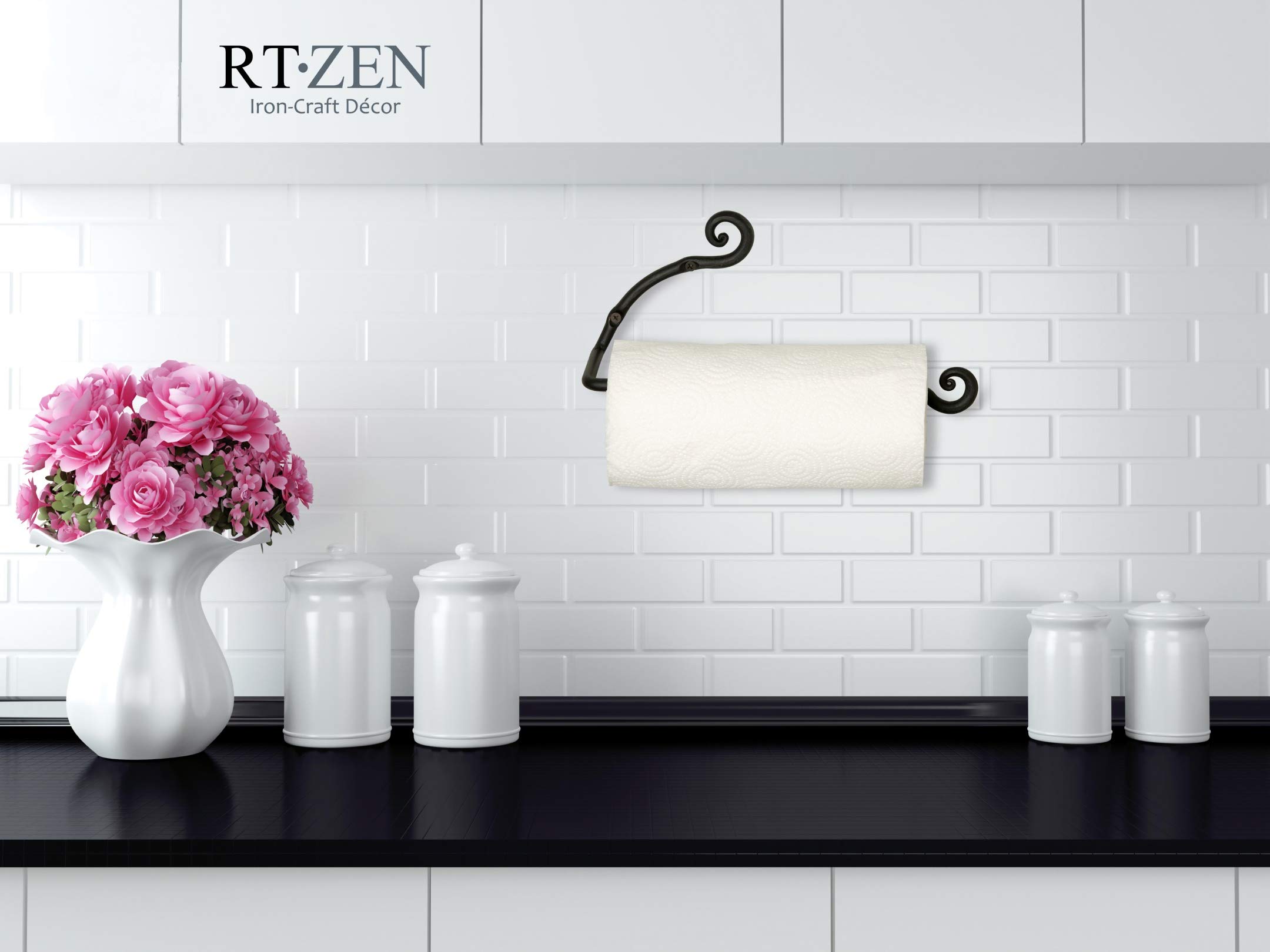 RTZEN Horizontal Black Paper Towel Holder - Handcrafted Rustic Metal Decorative Wrought Iron Decor - Farmhouse Wall Mount Paper Towel Holder for Kitchen or Bathroom