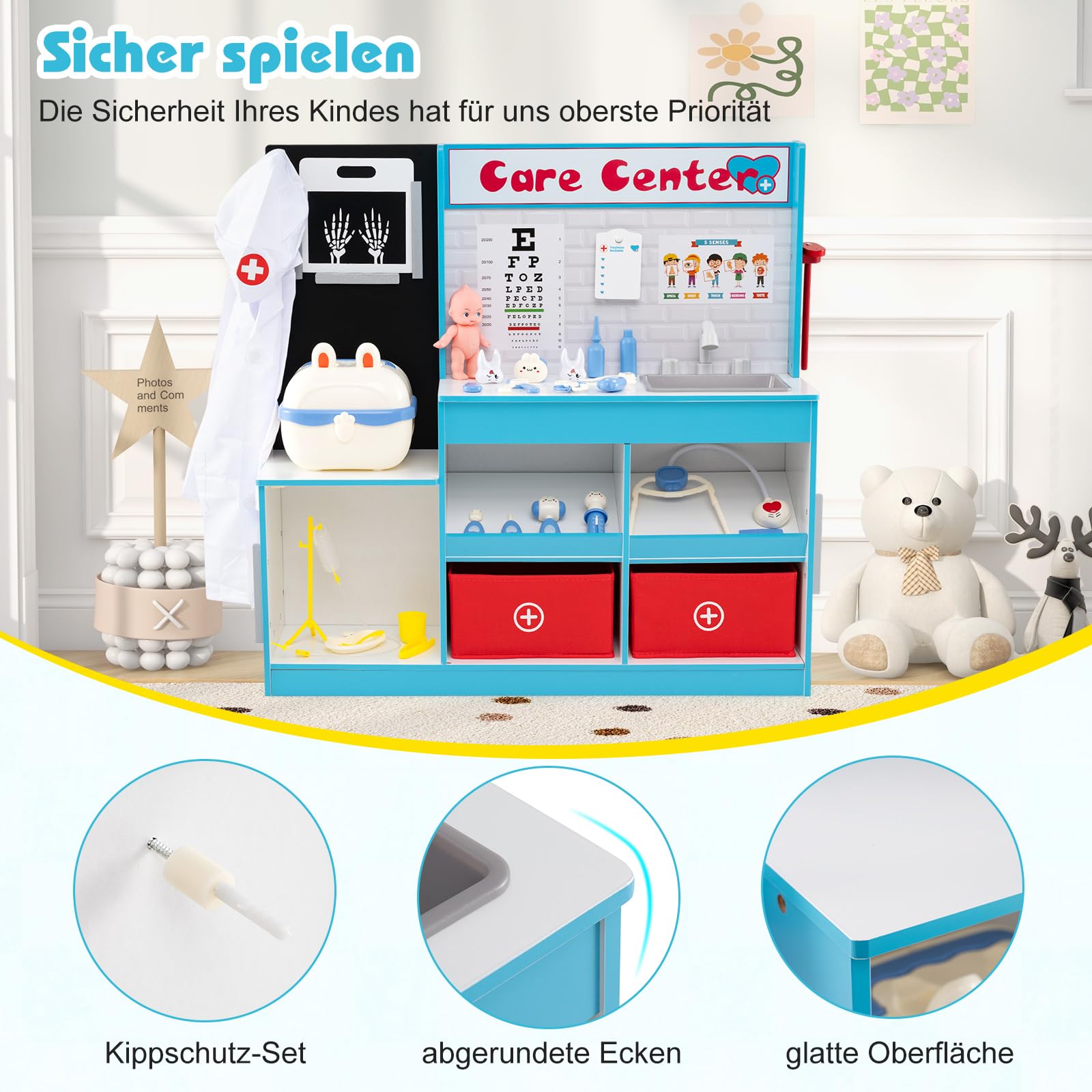 COSTWAY 29 TLG. Arzt-Set mit Arztkoffer, Doktor Spielset Holz mit Röntgenfilm, EKG-Monitor, Sehtafel, Wasserhahn, Spüle & Größenmesser, Arzt Rollenspiel für Kinder ab 3 Jahren (Blau)