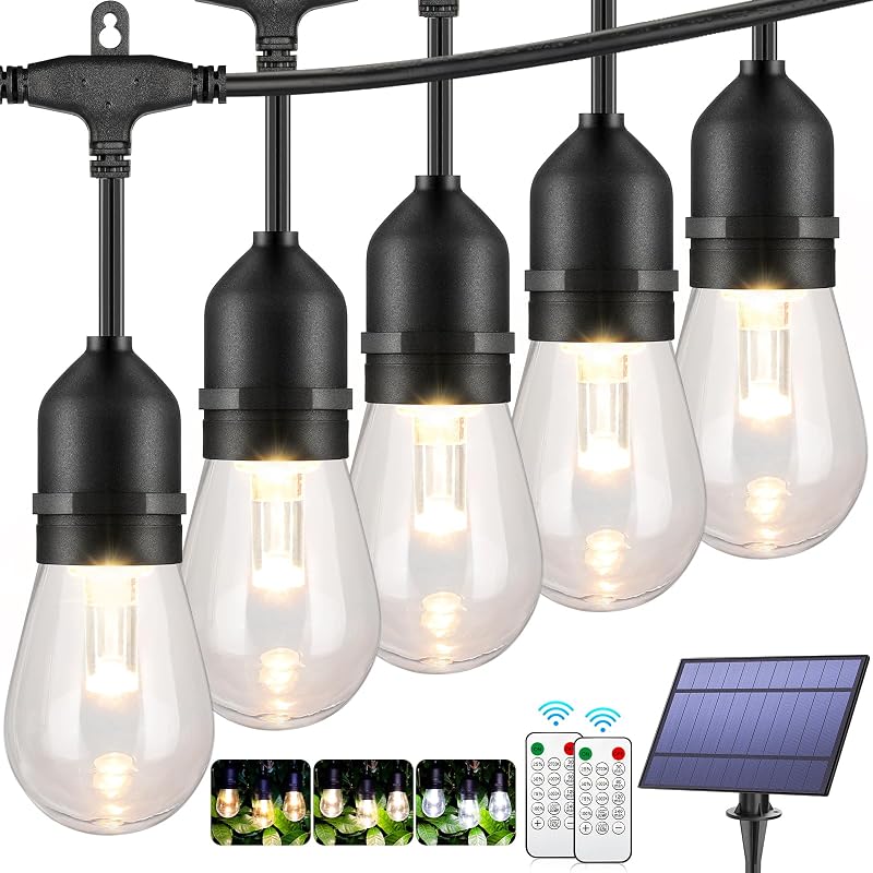 3 Colors 48FT LED Solar String Lights with Remote, 3 Modes, Black | Solar Powered, Jump/Fade/Static, 2700K/4000K/5000K, 15 S14 Bulbs, Auto On/Off, Dimmable, Shatterproof, Waterproof