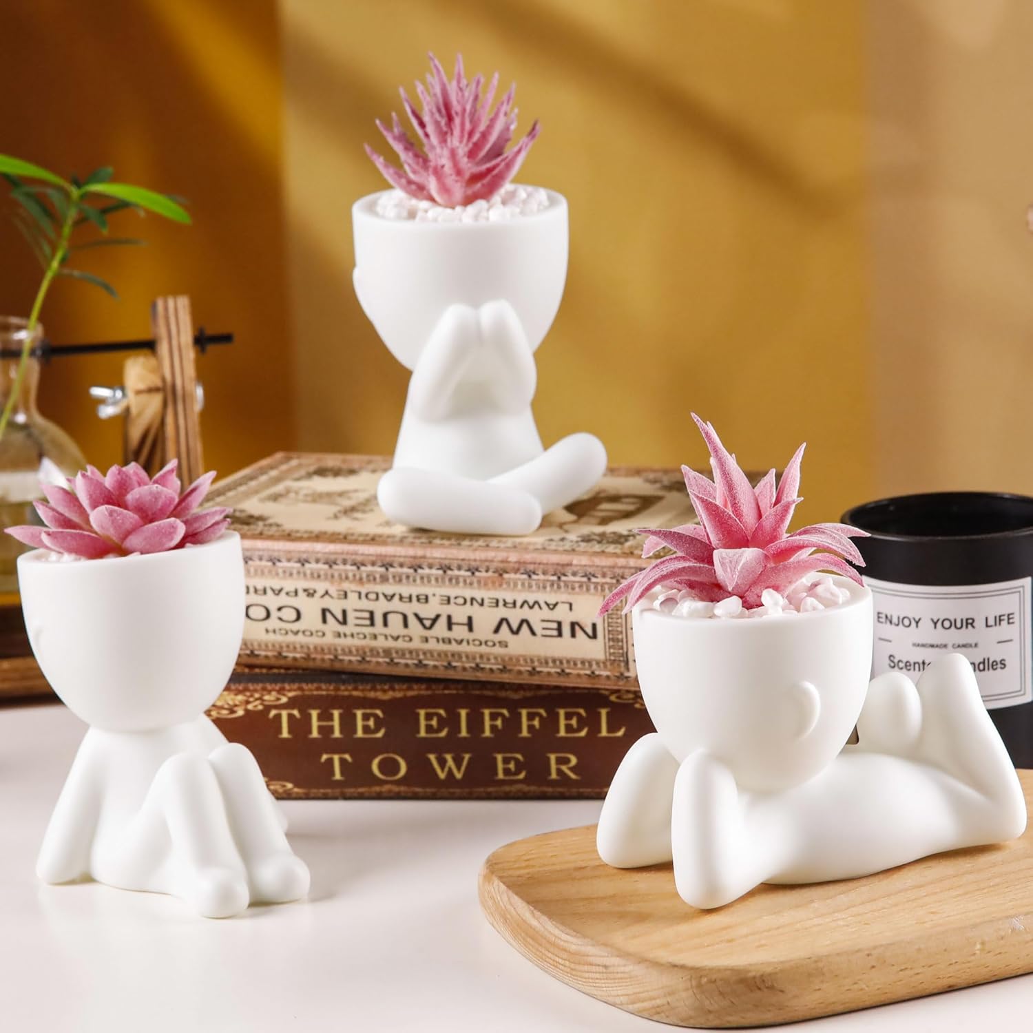 Der Rose 3 Pcs Fake Succulents Plants Artificial Pink Room Office Desk Decor for Women - Image 2