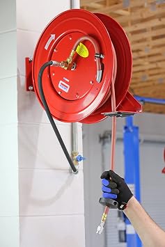 Lincoln 83753 Value Series Air/Water Retractable Hose Reel with 50' x 3/8 Rubber Air Hose, 1/4 NPT, 300 PSI, Slotted Mounting Base, 5-Position Adjustable Outlet Arm, All-Steel Construction, Red