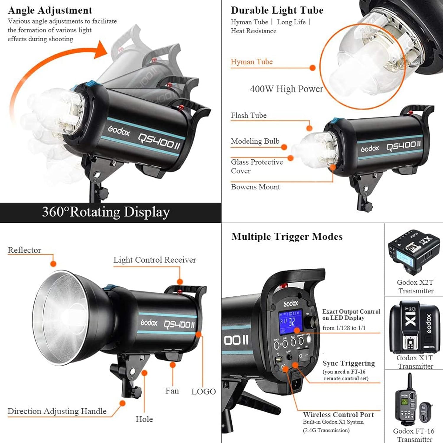 Detailed view of Godox QS400II showing angle adjustment, flash tube, modeling bulb, glass protective cover, and Bowens mount.